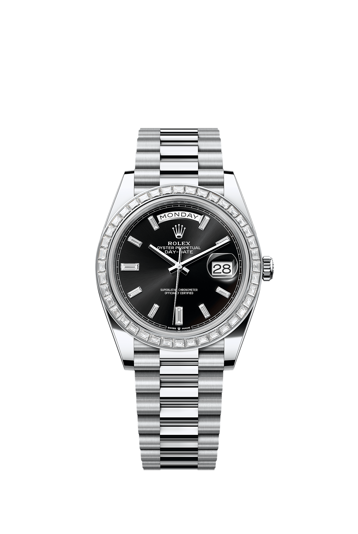 Day-Date 40 40mm 950 Platinum Bright Black Diamond Dial Diamond Bezel President Bracelet Self-Winding Watch