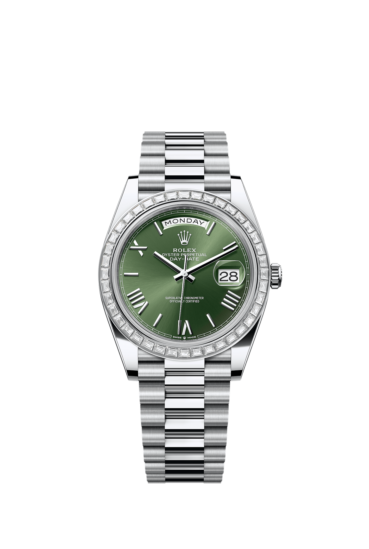 Day-Date 40 40mm 950 Platinum Olive Green Dial Diamond Bezel President Bracelet Self-Winding Watch