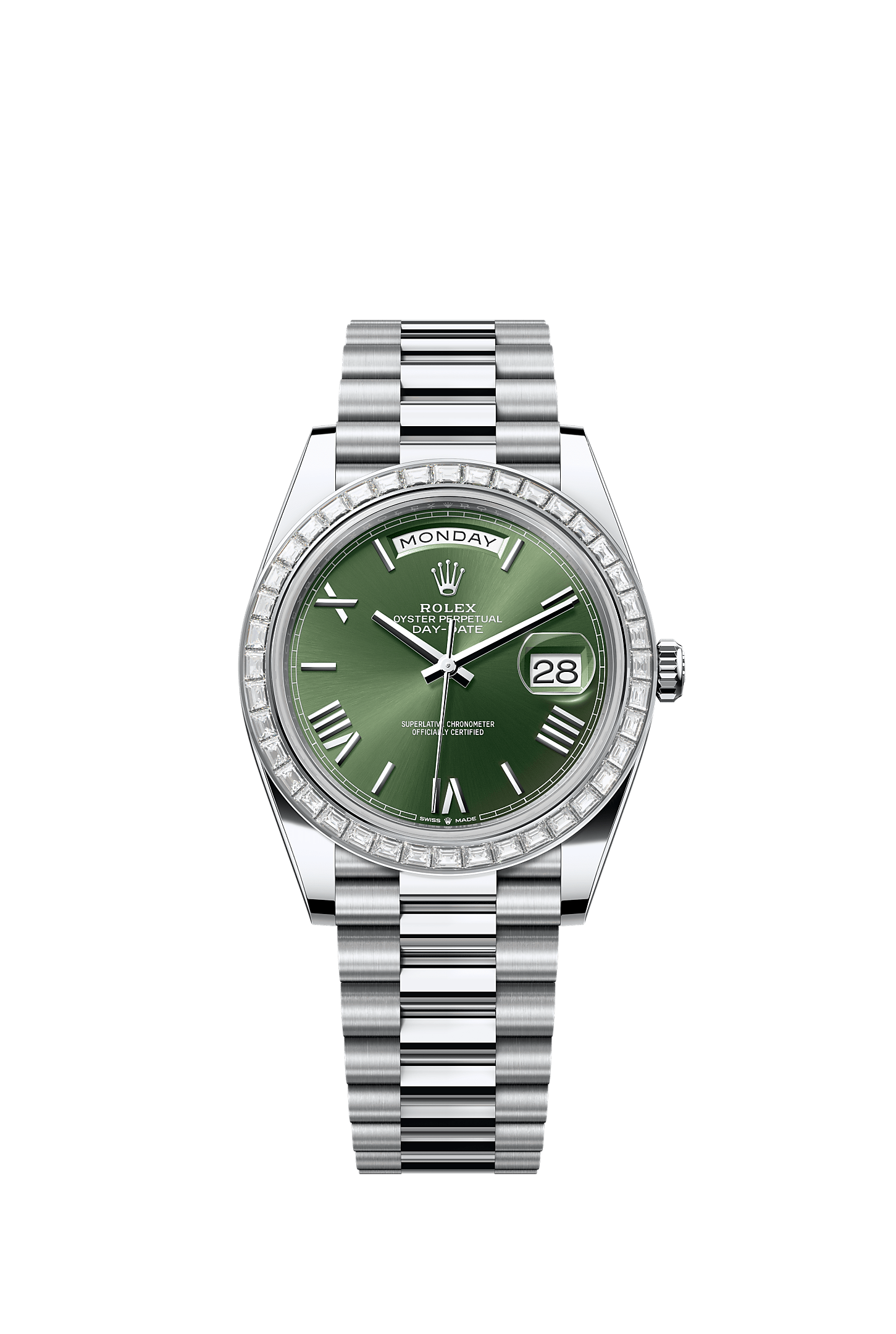 Day-Date 40 40mm 950 Platinum Olive Green Dial Diamond Bezel President Bracelet Self-Winding Watch