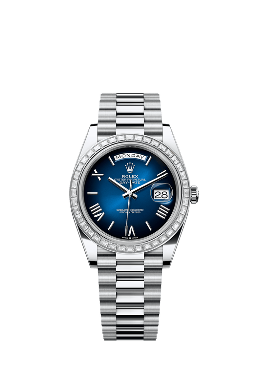 Day-Date 40 40mm Platinum Diamond-Set Bezel Blue Ombré Dial President Bracelet Perpetual Mechanical Watch