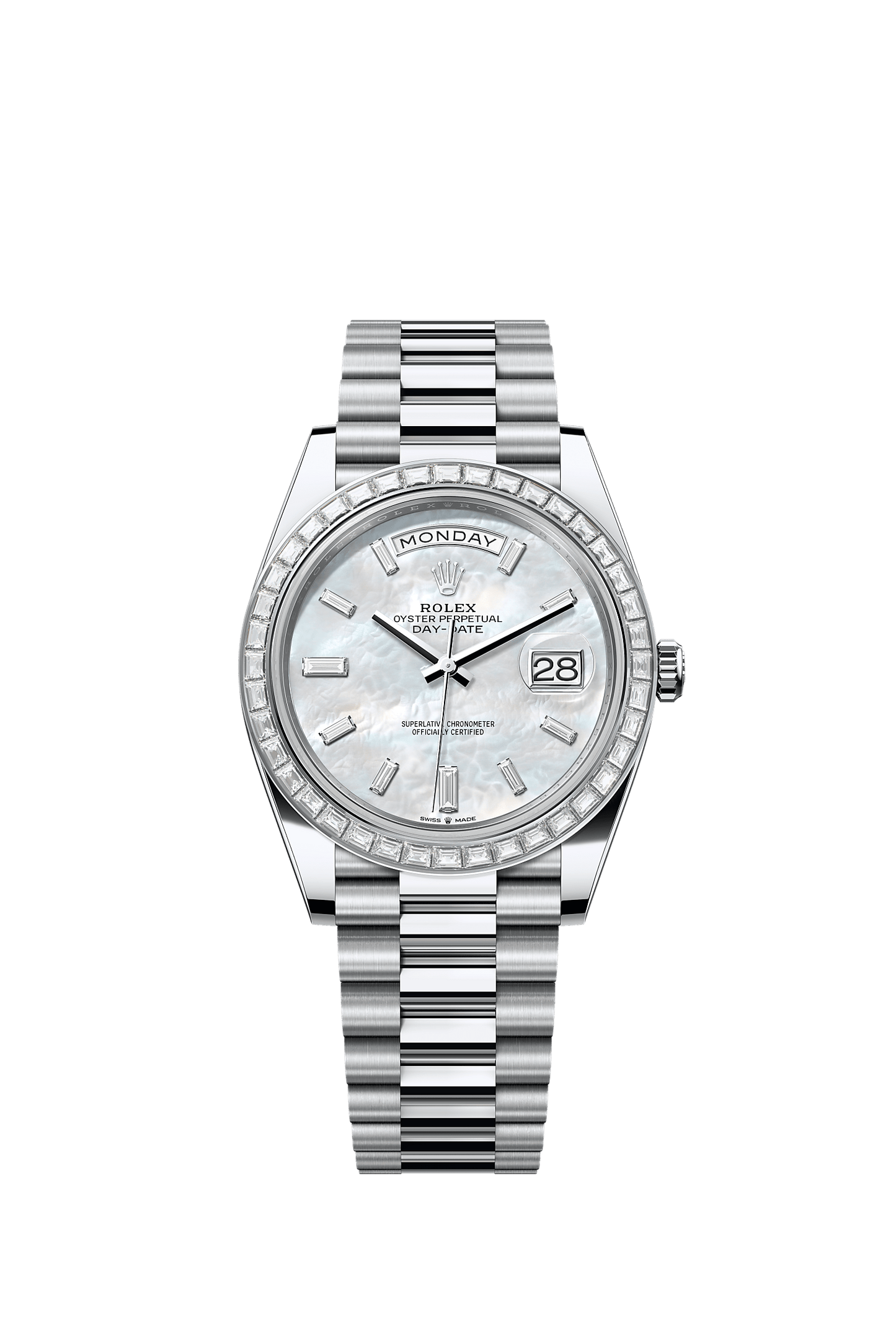 Day-Date 40 40mm 950 Platinum White Mother-Of-Pearl Diamond Dial Diamond-Set Bezel President Bracelet Self-Winding Watch