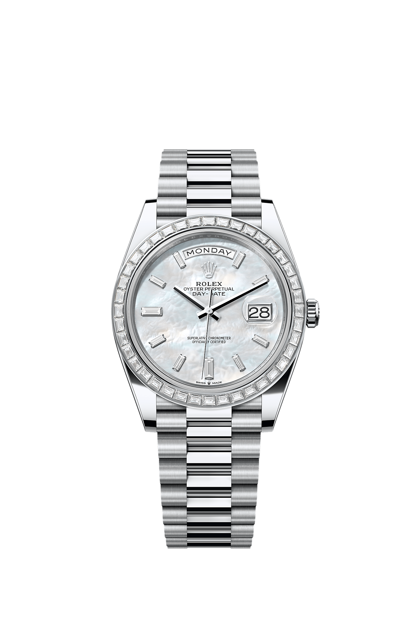 Day-Date 40 40mm 950 Platinum White Mother-Of-Pearl Diamond Dial Diamond-Set Bezel President Bracelet Self-Winding Watch