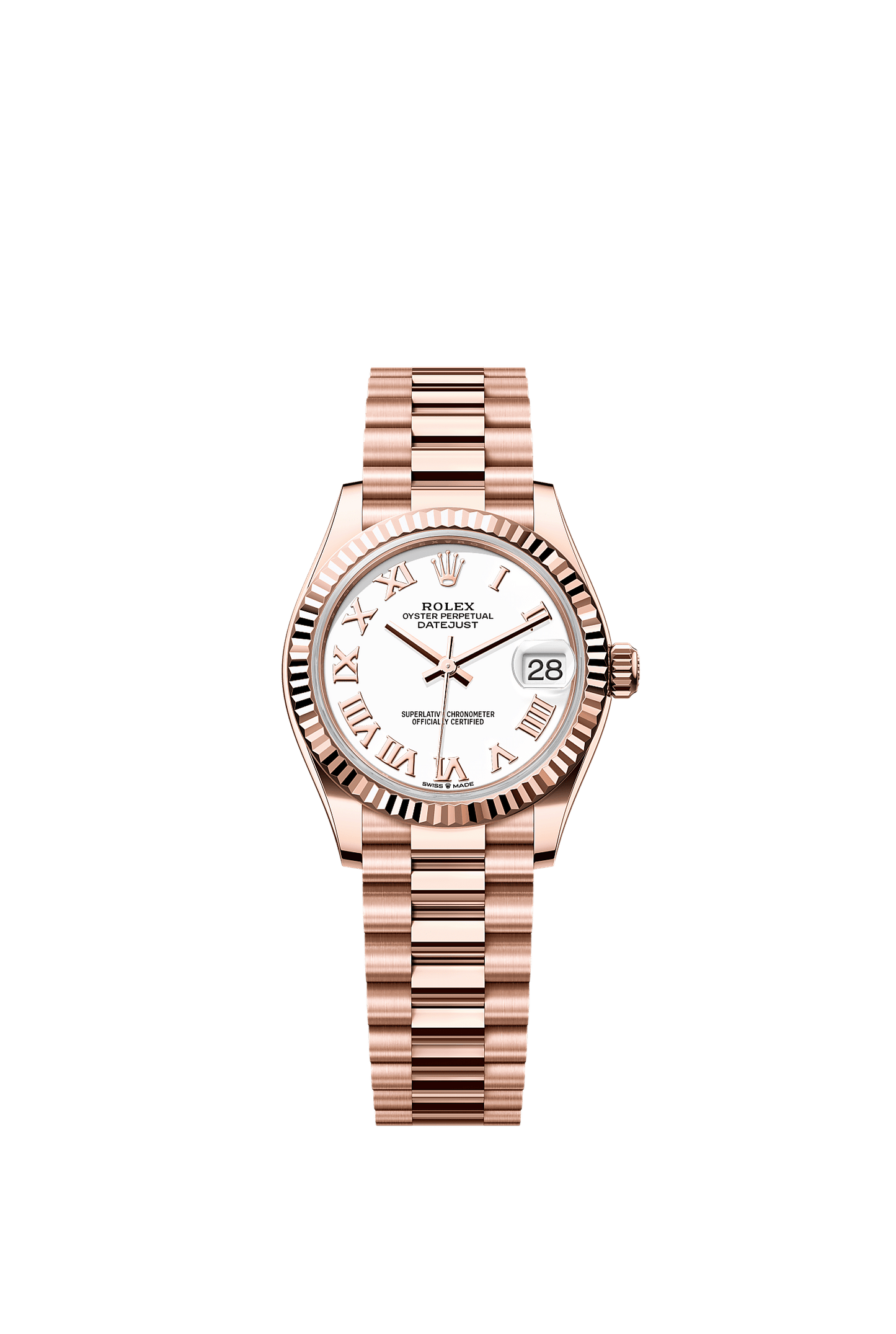 Datejust 31 Oyster Chronometer Watch 31mm 18ct Everose Gold White Lacquer Dial President Bracelet