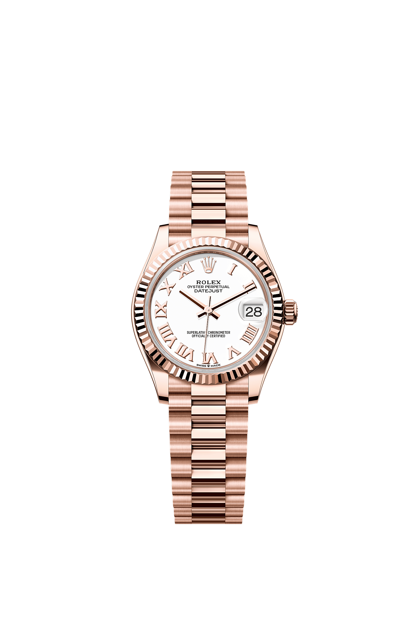 Datejust 31 Oyster Chronometer Watch 31mm 18ct Everose Gold White Lacquer Dial President Bracelet