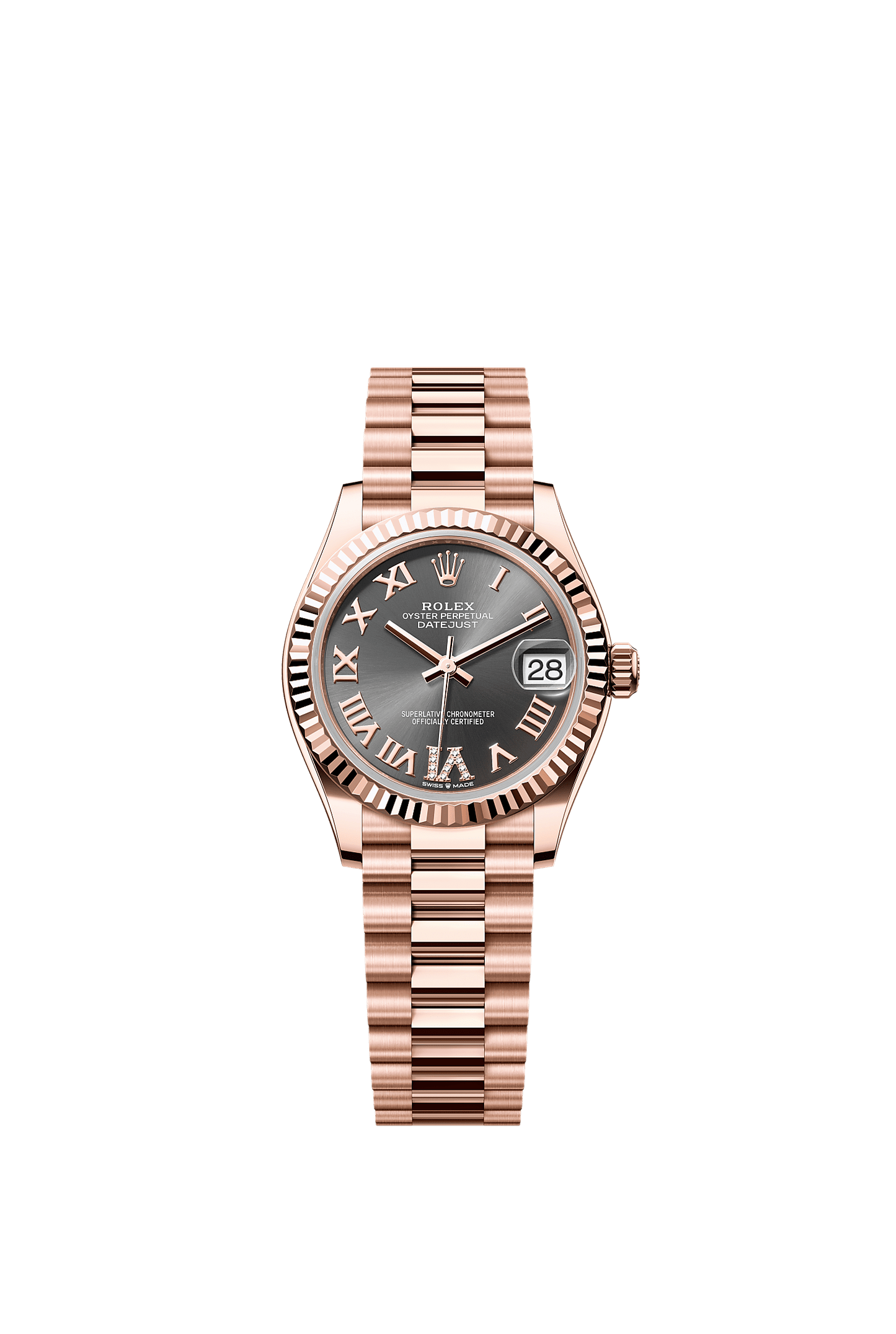Datejust 31 Oyster Chronometer Watch 31mm 18ct Everose Gold Slate Diamond Dial President Bracelet