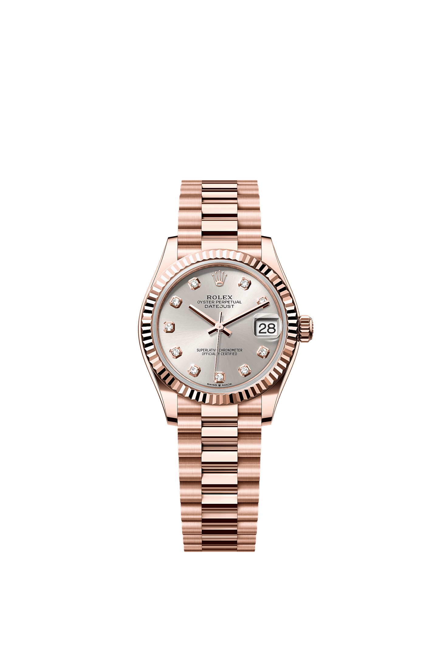 Datejust 31 Oyster Chronometer Watch 31mm 18ct Everose Gold Silver Diamond Dial President Bracelet