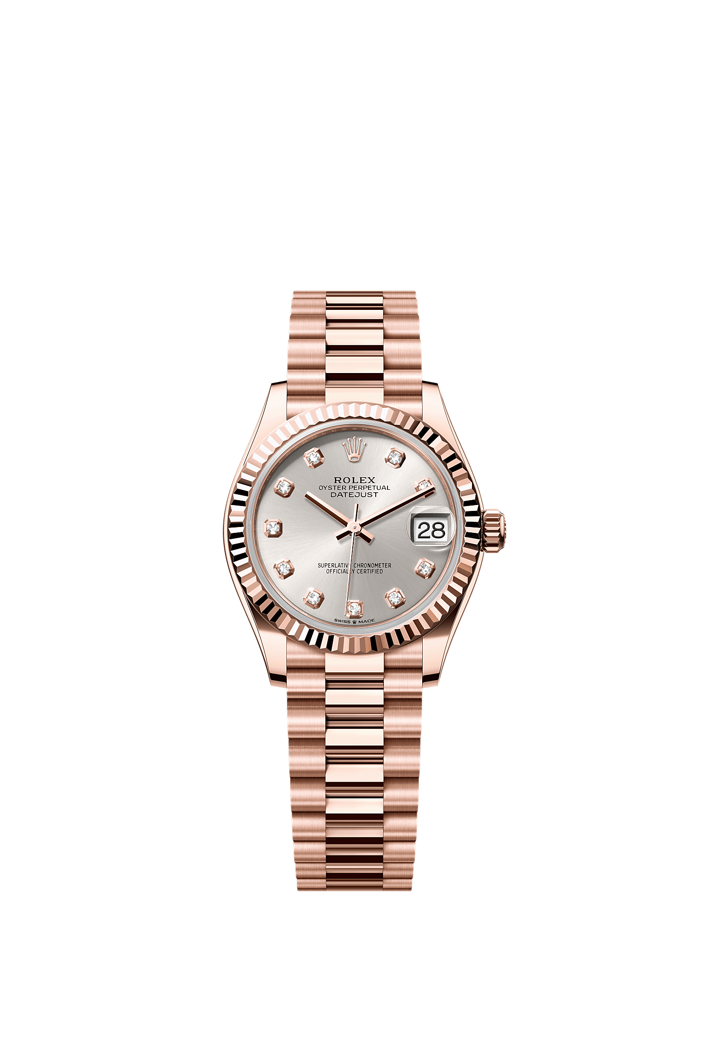 Datejust 31 Oyster Chronometer Watch 31mm 18ct Everose Gold Silver Diamond Dial President Bracelet