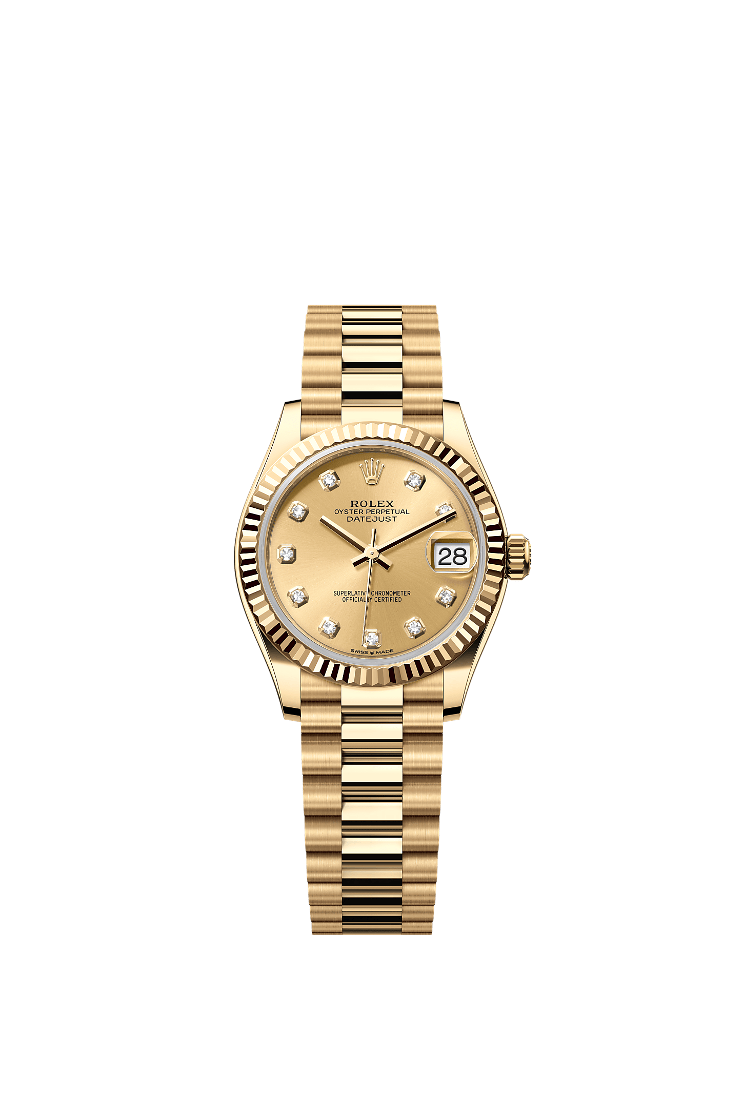 Datejust 31 Oyster Chronometer Watch 31mm 18ct Yellow Gold Champagne Diamond Dial President Bracelet