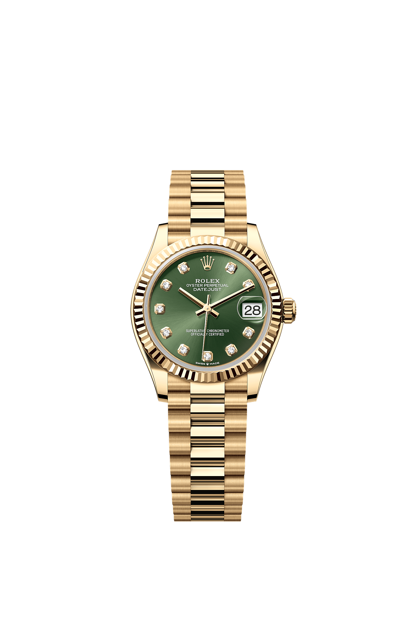 Datejust 31 Oyster Chronometer Watch 31mm 18ct Yellow Gold Olive Green Diamond Dial President Bracelet