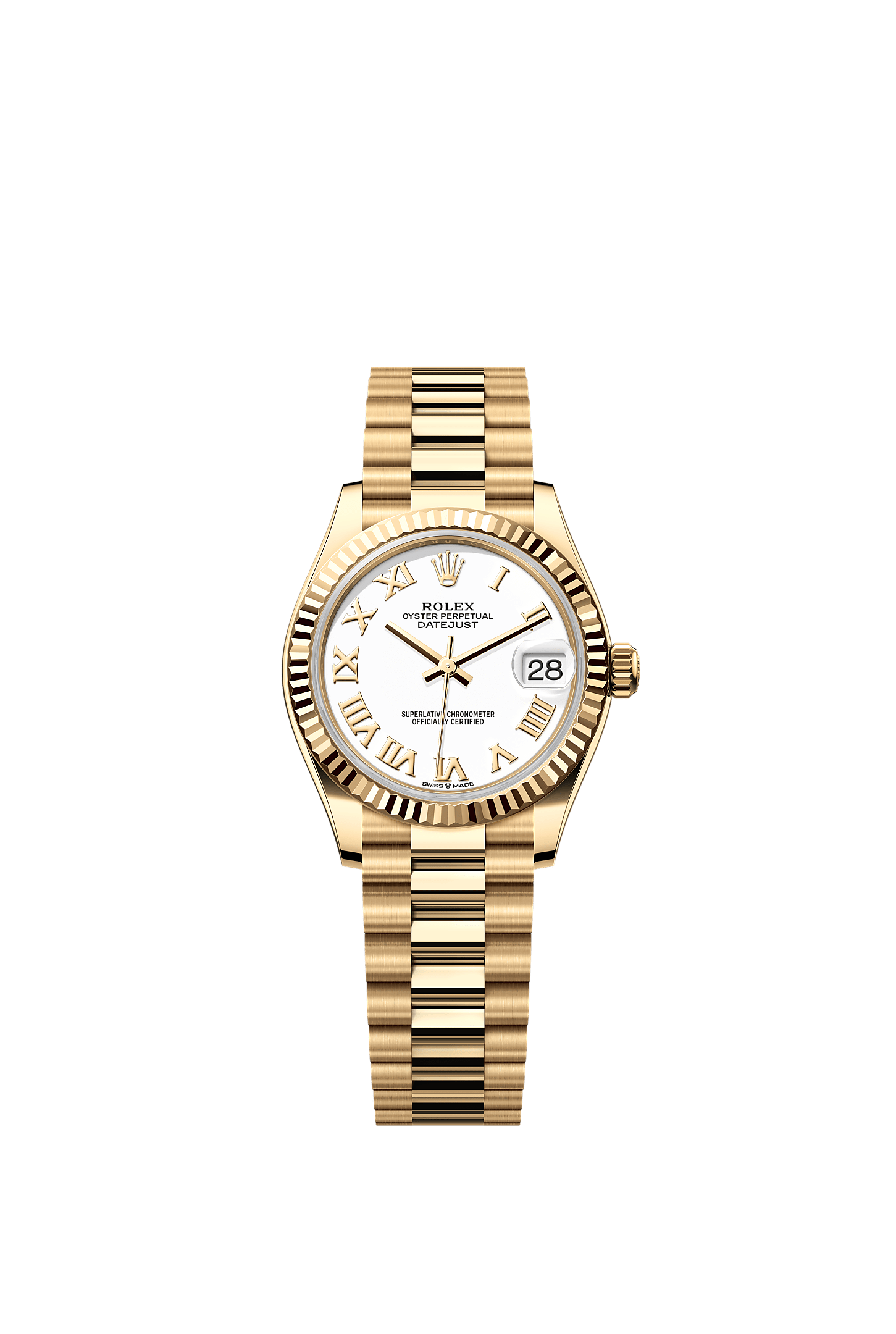 Datejust 31 Oyster Chronometer Watch 31mm 18ct Yellow Gold White Lacquer Dial President Bracelet