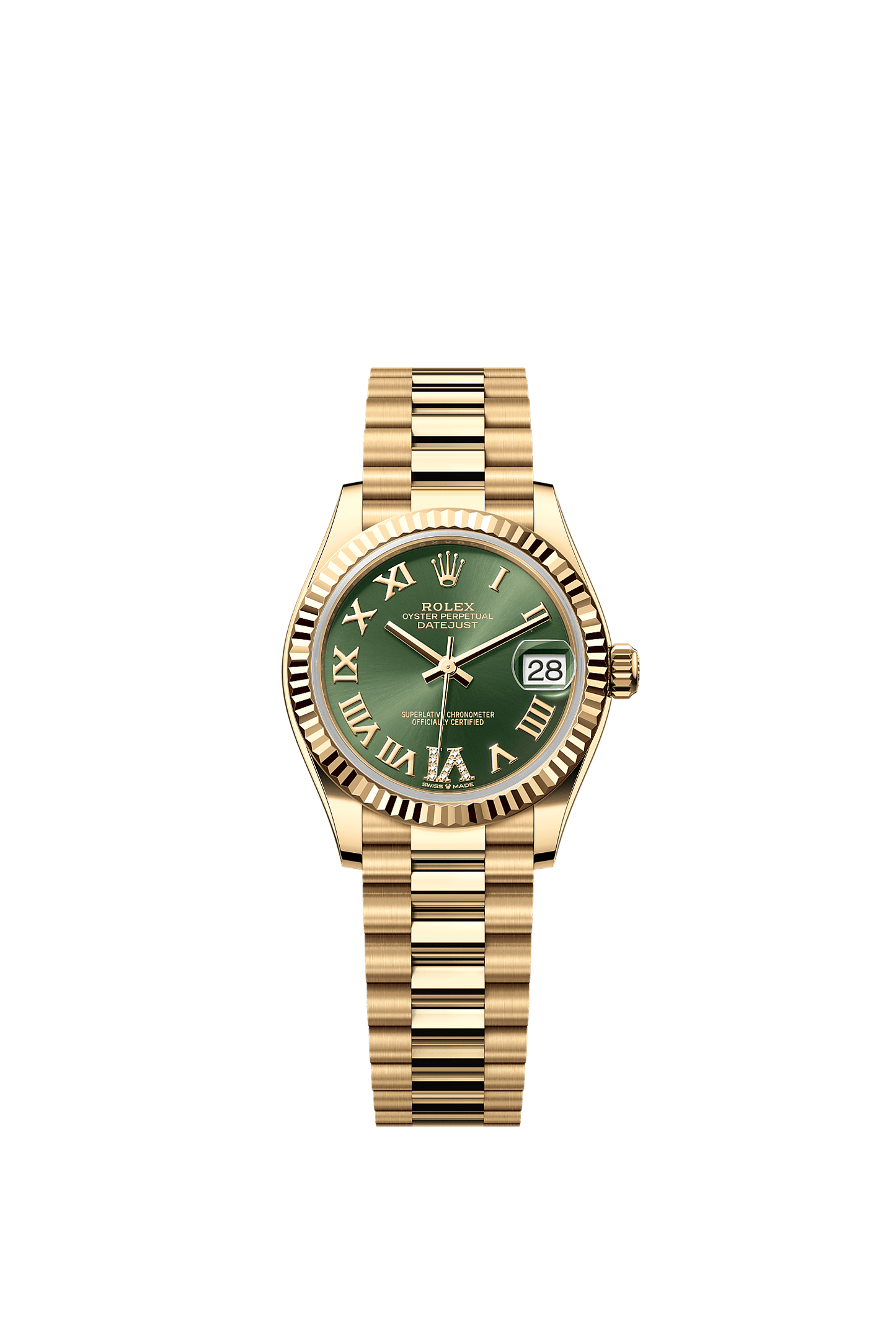 Datejust 31 Oyster Chronometer Watch 31mm 18ct Yellow Gold Olive Green Diamond Dial President Bracelet