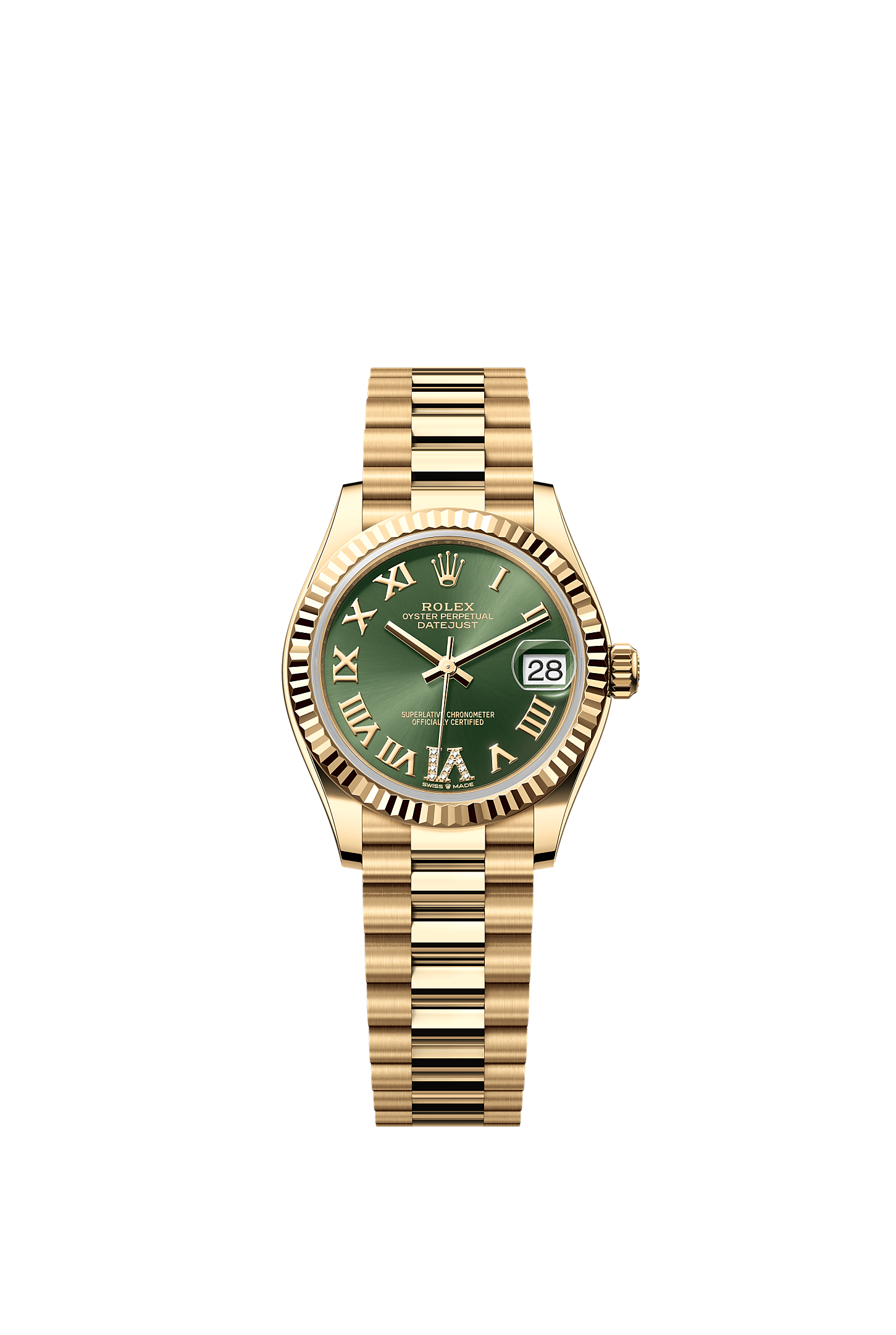 Datejust 31 Oyster Chronometer Watch 31mm 18ct Yellow Gold Olive Green Diamond Dial President Bracelet