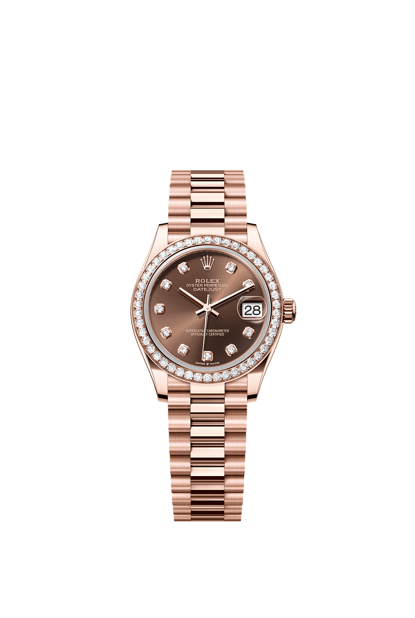 Datejust 31 Oyster Chronometer Watch 31mm 18ct Everose Gold Chocolate Diamond Dial President Bracelet