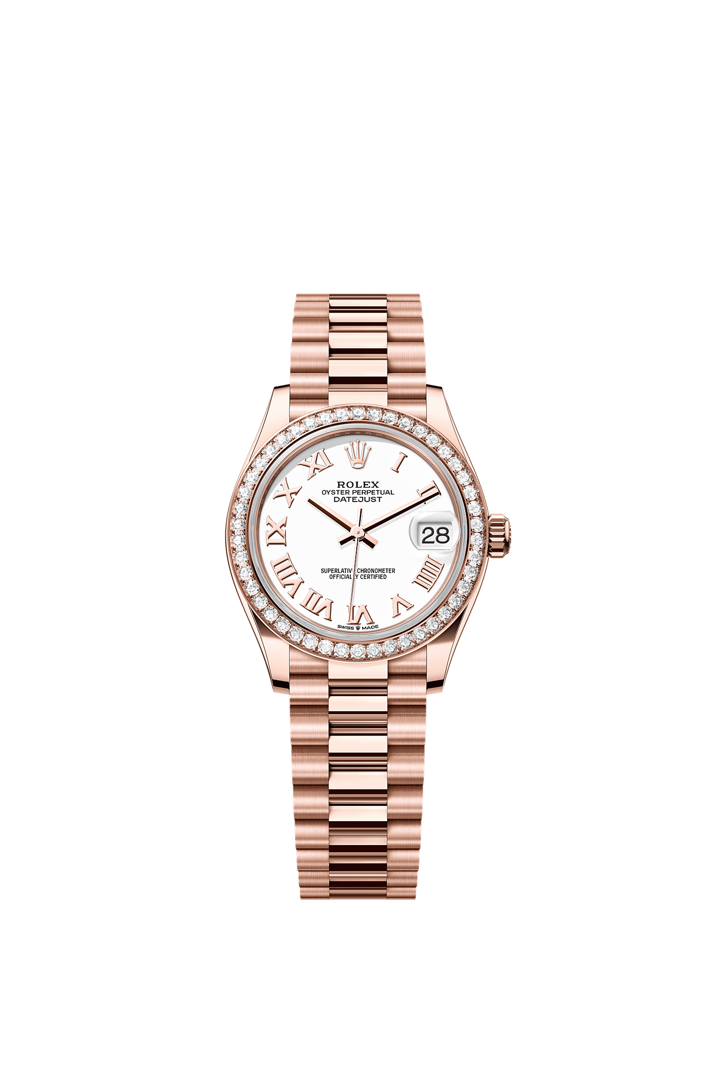 Datejust 31 Oyster Chronometer Watch 31mm 18ct Everose Gold White Lacquer Diamond Dial President Bracelet