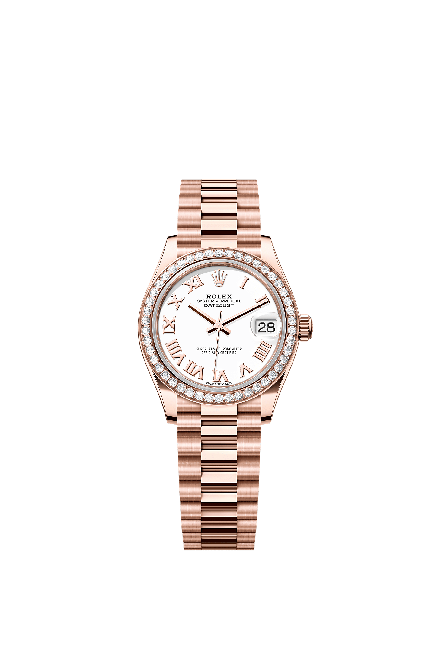 Datejust 31 Oyster Chronometer Watch 31mm 18ct Everose Gold White Lacquer Diamond Dial President Bracelet