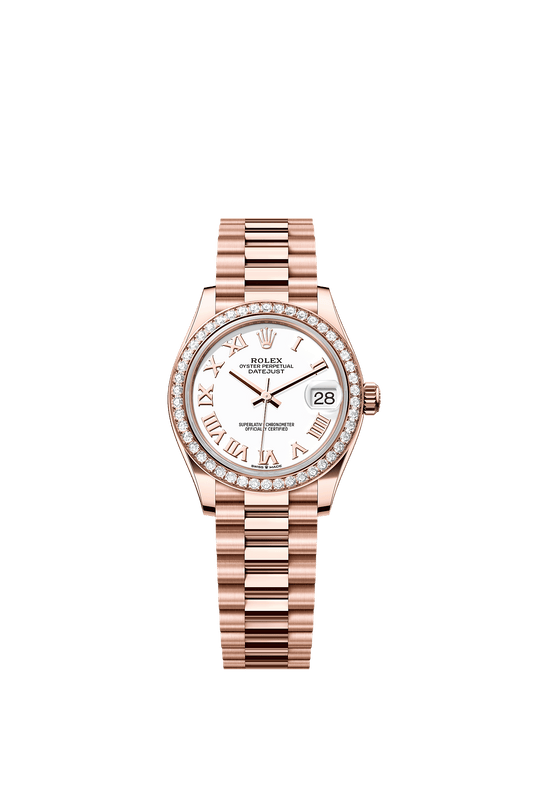 Datejust 31 Oyster Chronometer Watch 31mm 18ct Everose Gold White Lacquer Diamond Dial President Bracelet