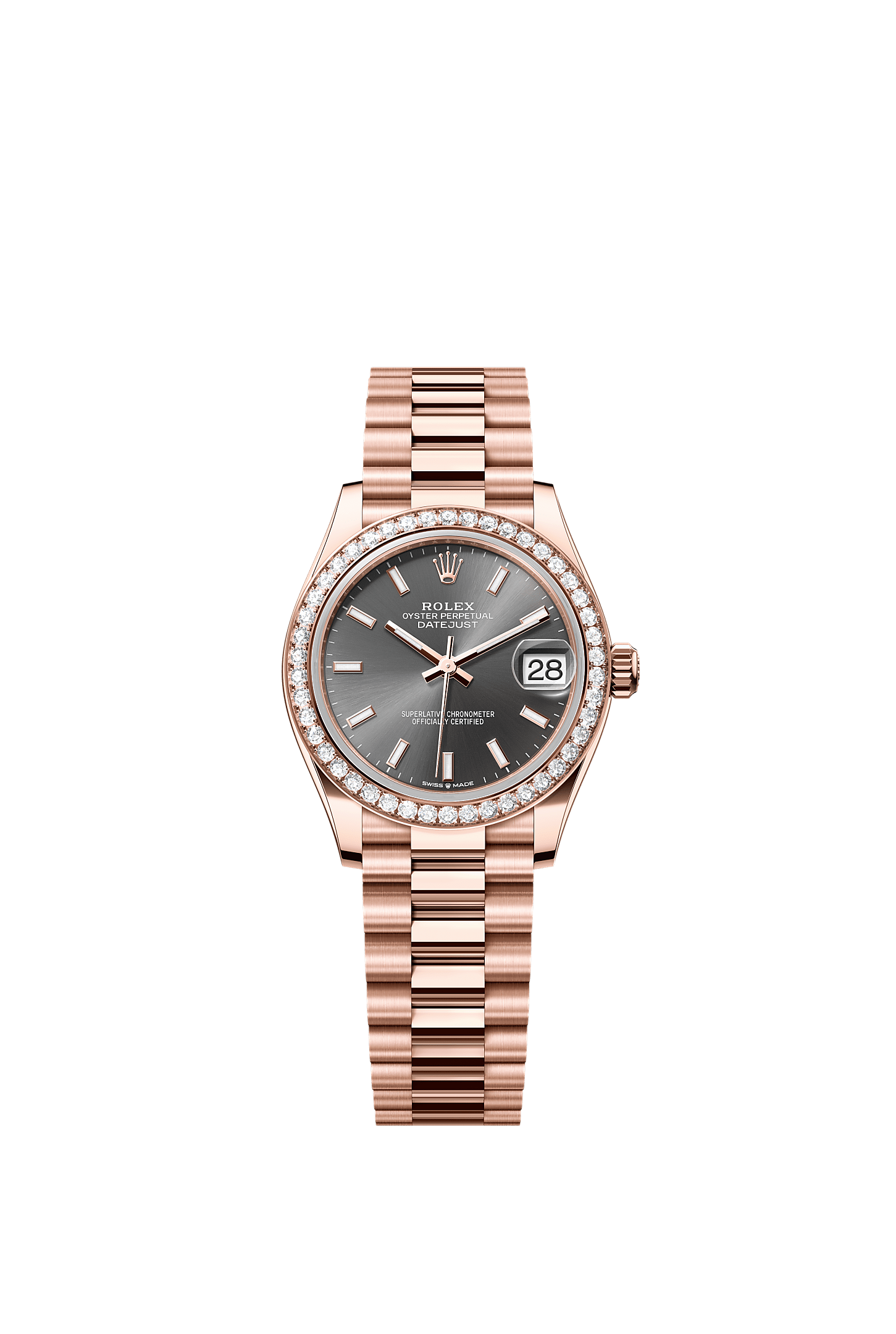 Datejust 31 Oyster Chronometer Watch 31mm 18ct Everose Gold Slate Diamond Dial President Bracelet