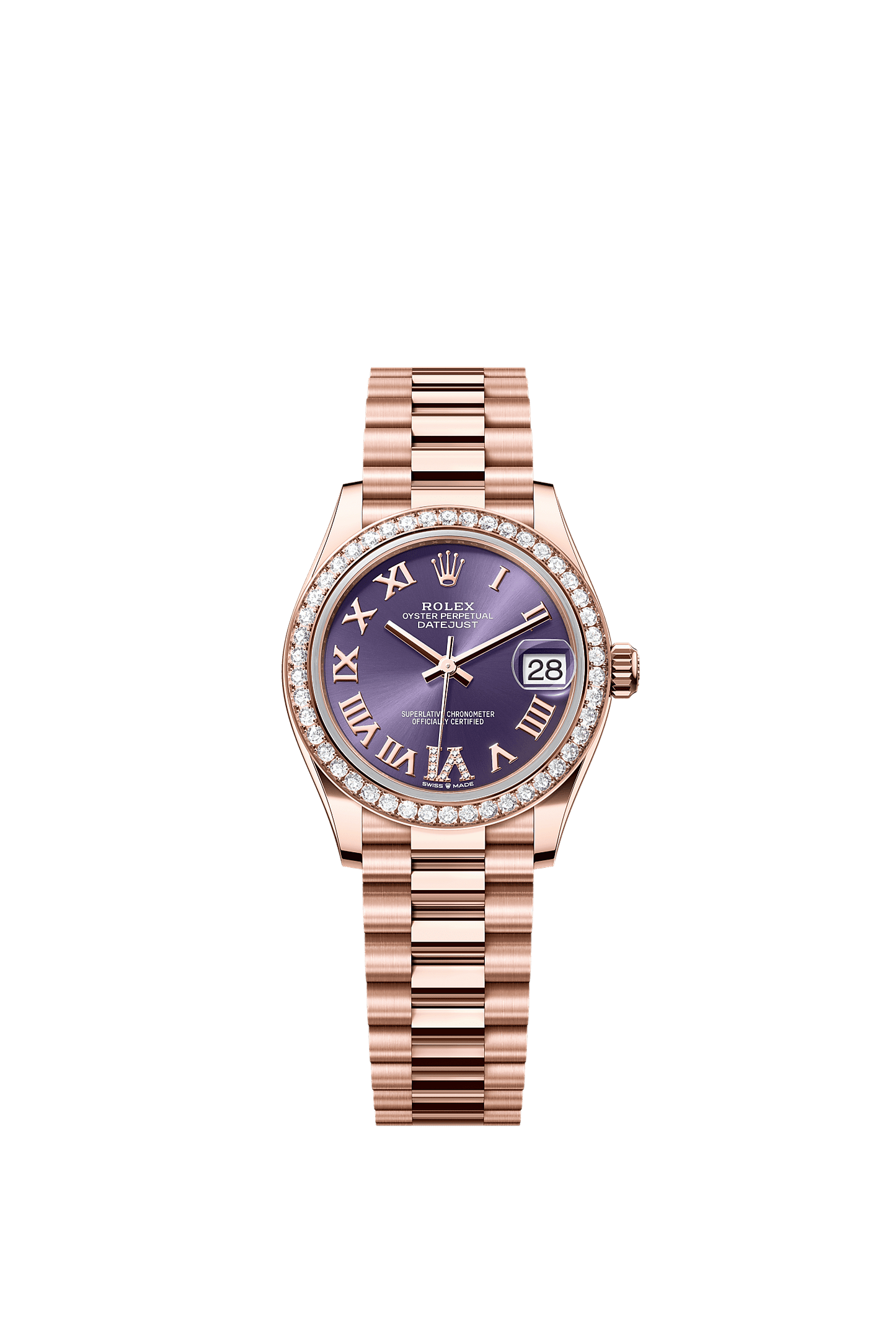 Datejust 31 Oyster Chronometer Watch 31mm 18ct Everose Gold Aubergine Diamond Dial President Bracelet