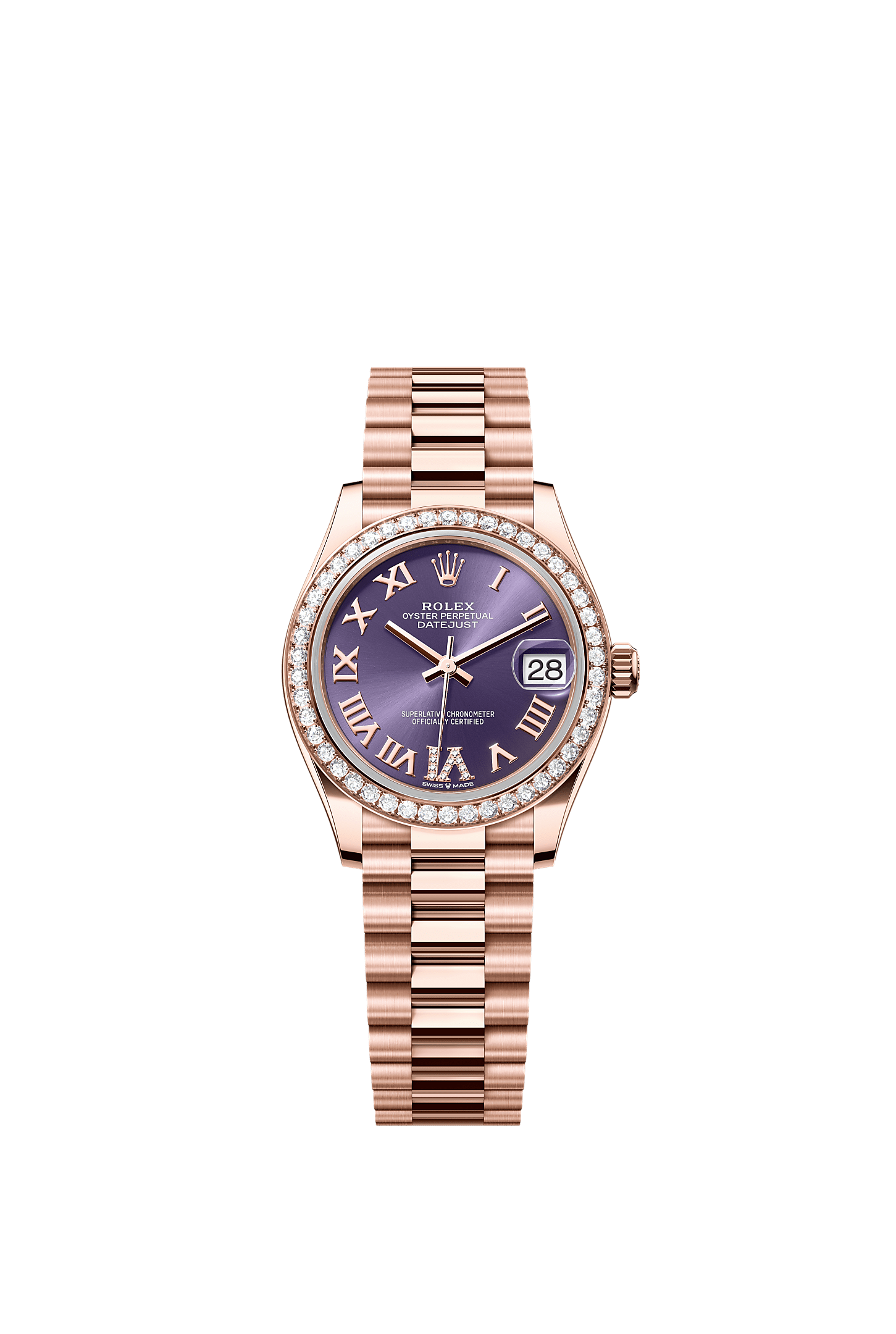 Datejust 31 Oyster Chronometer Watch 31mm 18ct Everose Gold Aubergine Diamond Dial President Bracelet