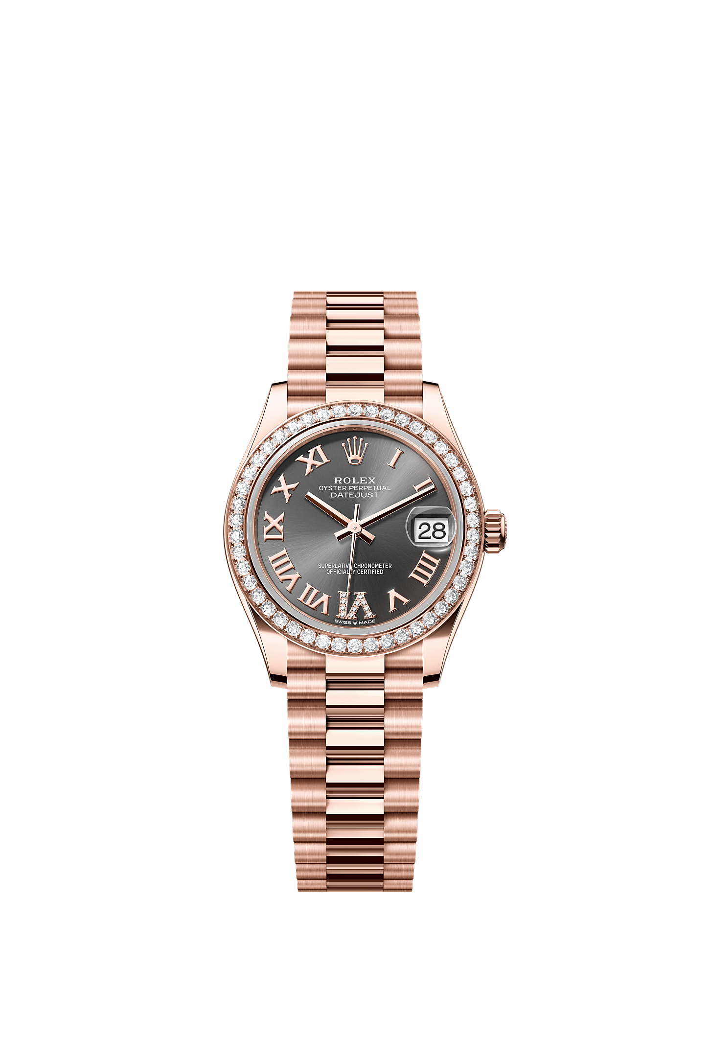 Datejust 31 Oyster Chronometer Watch 31mm 18ct Everose Gold Slate Diamond Dial President Bracelet