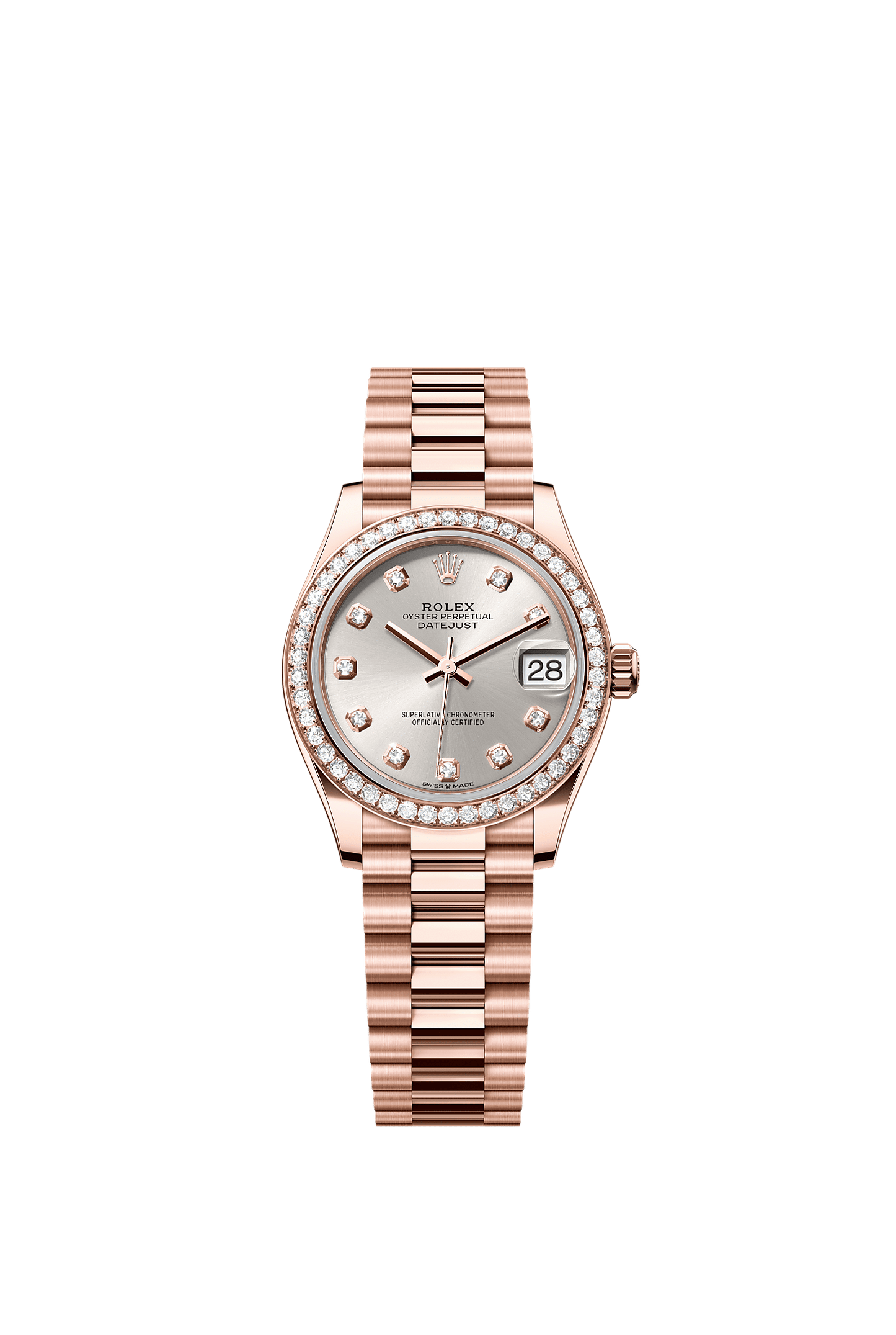 Datejust 31 Oyster Chronometer Watch 31mm 18ct Everose Gold Silver Diamond Dial President Bracelet
