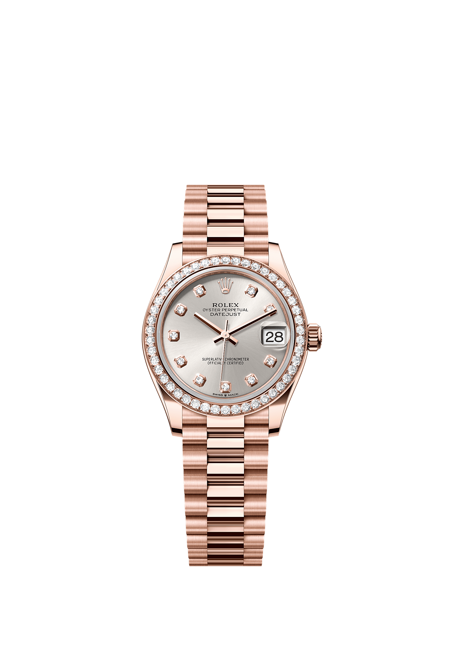 Datejust 31 Oyster Chronometer Watch 31mm 18ct Everose Gold Silver Diamond Dial President Bracelet
