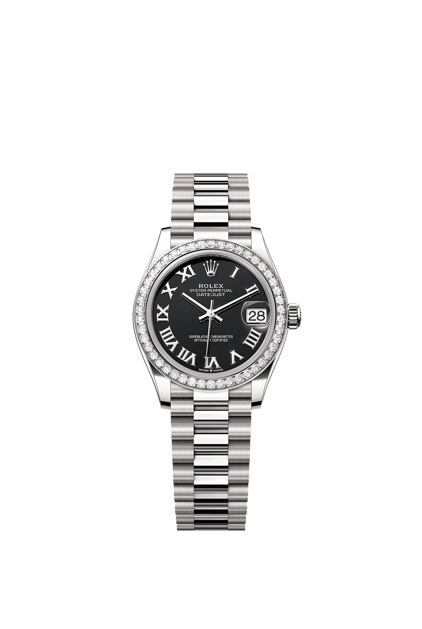 Datejust 31 Oyster Chronometer Watch 31mm 18ct White Gold Bright Black Diamond Dial President Bracelet