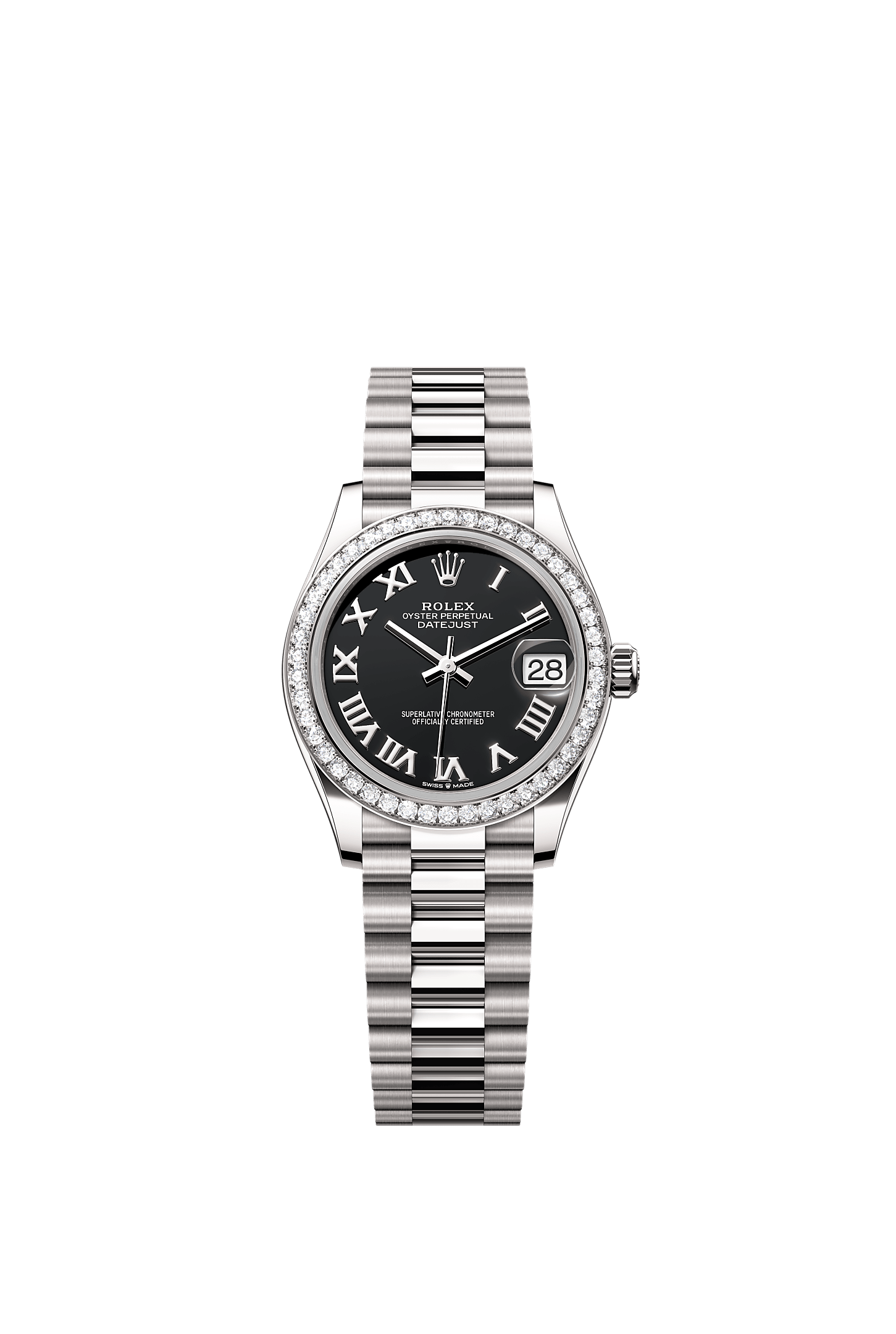 Datejust 31 Oyster Chronometer Watch 31mm 18ct White Gold Bright Black Diamond Dial President Bracelet