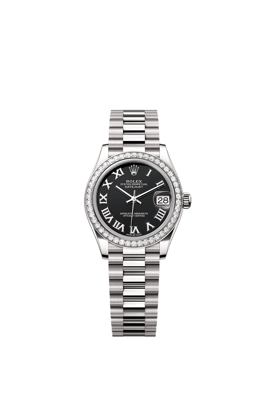 Datejust 31 Oyster Chronometer Watch 31mm 18ct White Gold Bright Black Diamond Dial President Bracelet