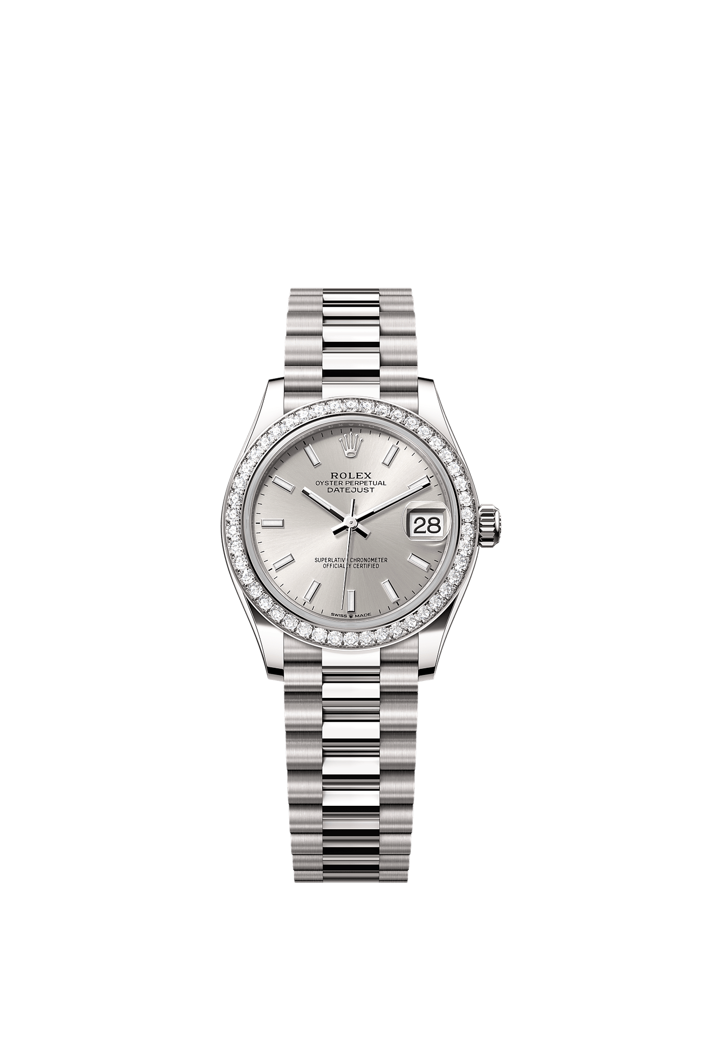 Datejust 31 Oyster Chronometer Watch 31mm 18ct White Gold Silver Diamond Dial President Bracelet