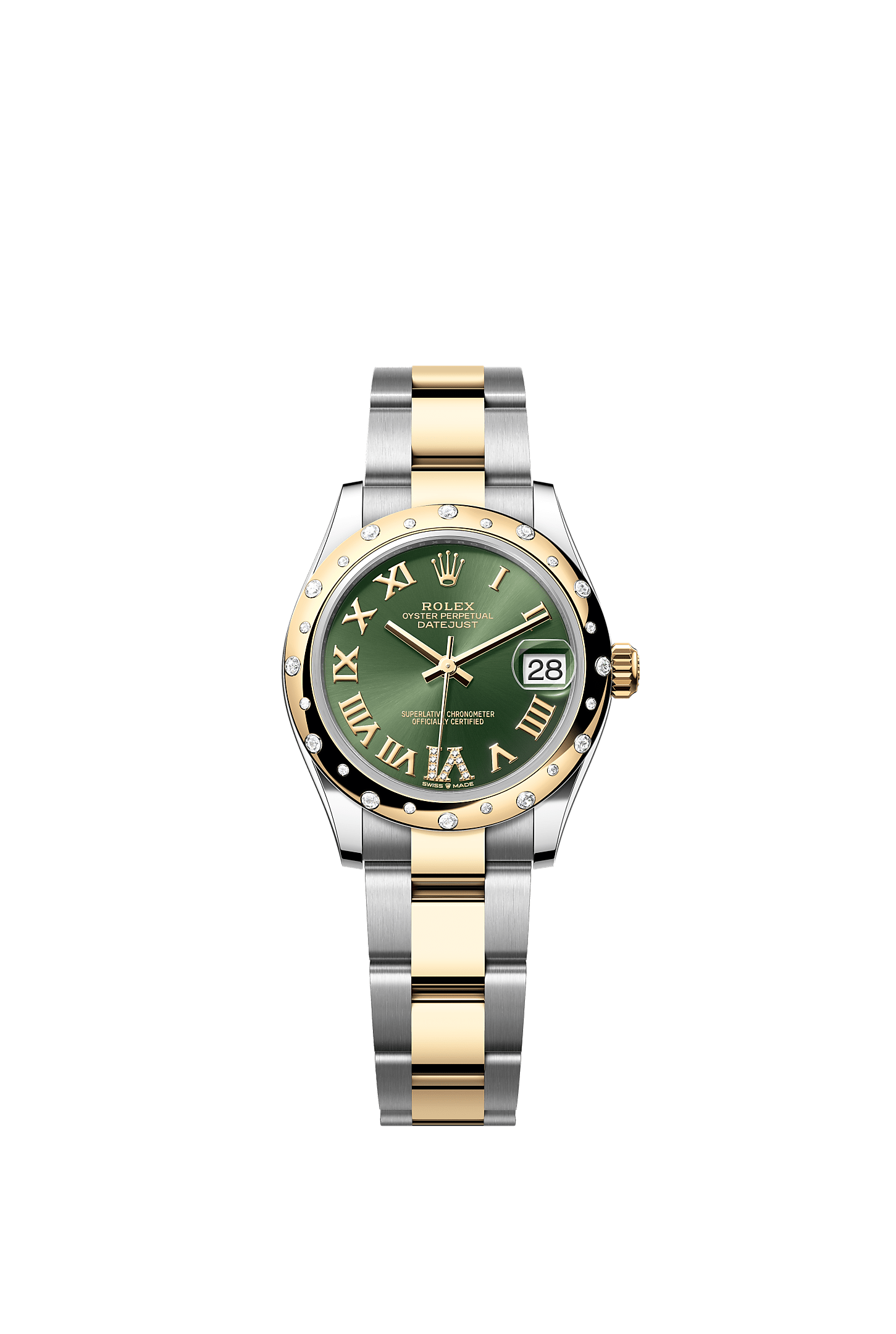 Datejust 31 Oystersteel Yellow Gold Olive Green Diamond Dial Diamond Bezel Oyster Bracelet 31mm Self-Winding Watch