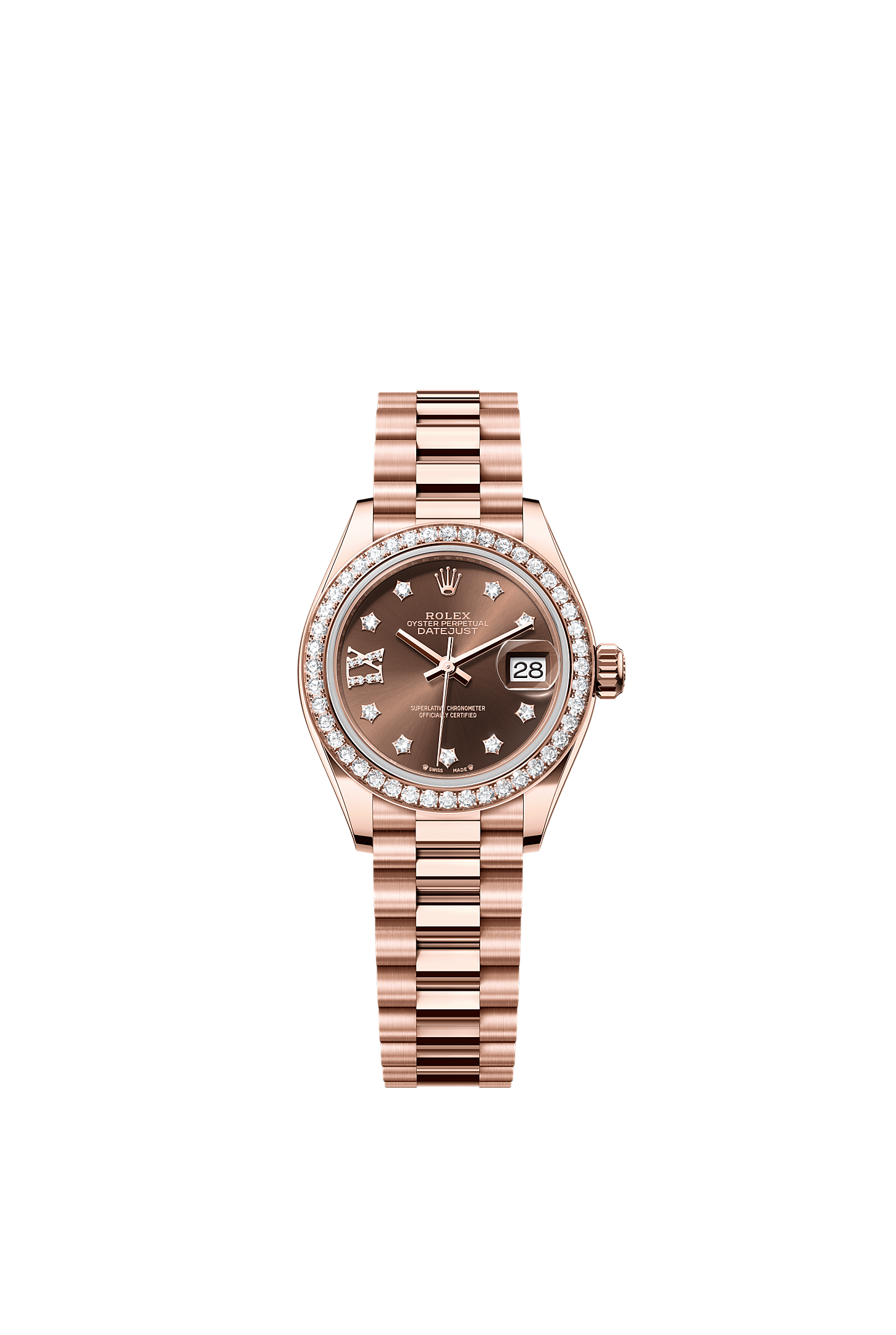 Lady-Datejust Oyster Chronometer Watch 28mm 18ct Everose Gold Chocolate Diamond Dial President Bracelet