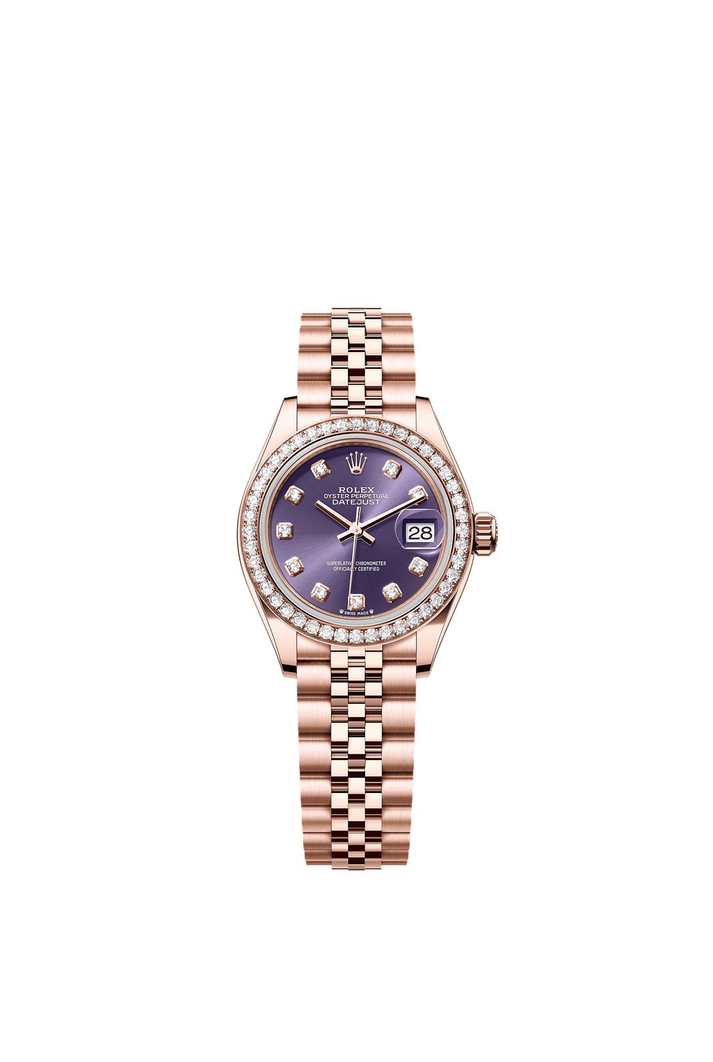 Lady-Datejust Oyster Chronometer Watch 28mm 18ct Everose Gold Aubergine Diamond Dial Jubilee Bracelet
