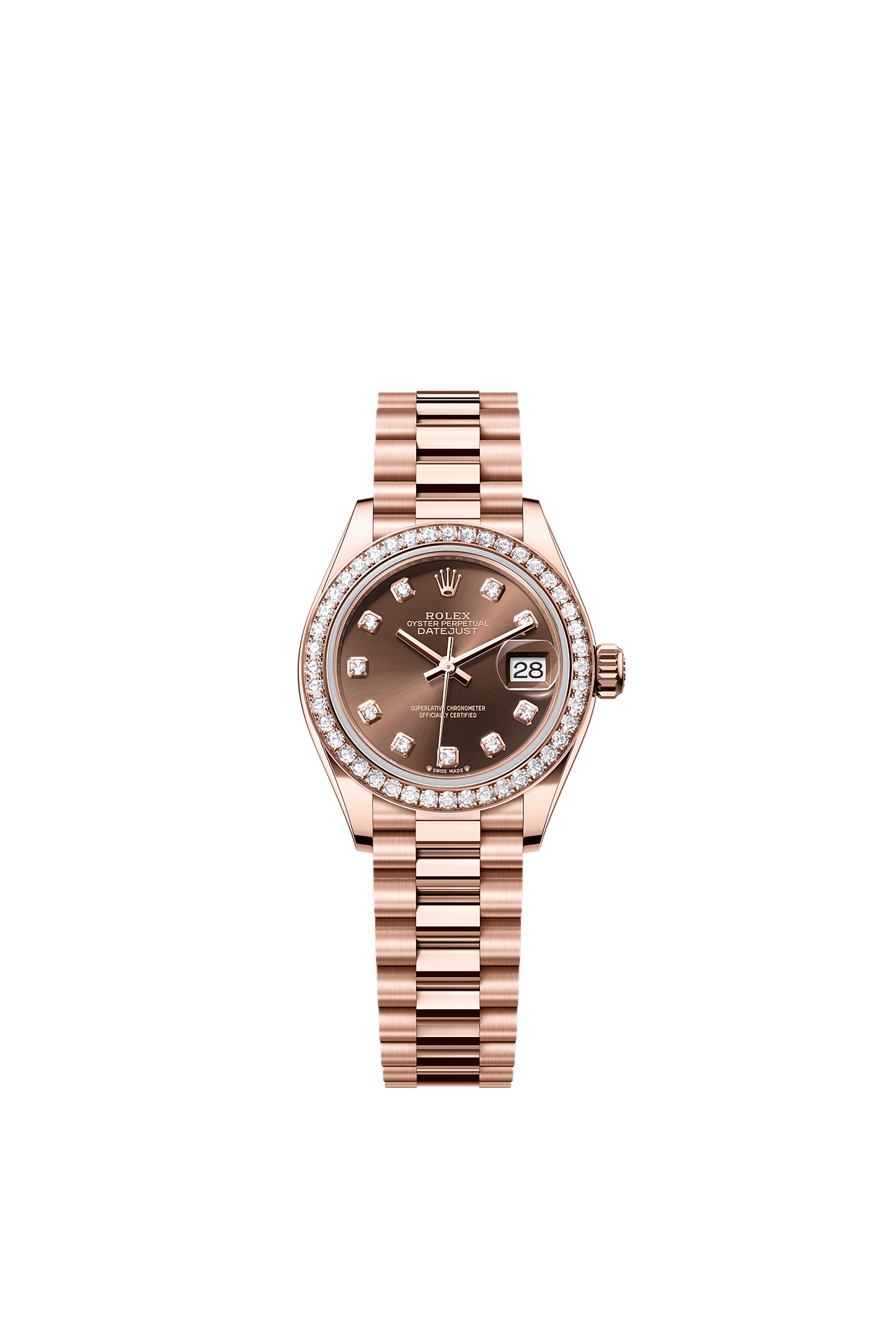 Lady-Datejust Oyster Chronometer Watch 28mm 18ct Everose Gold Chocolate Diamond Dial President Bracelet