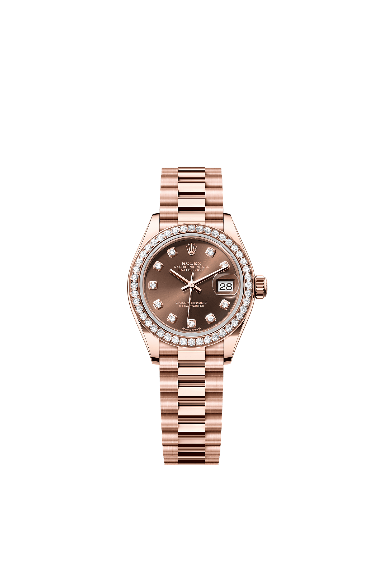 Lady-Datejust Oyster Chronometer Watch 28mm 18ct Everose Gold Chocolate Diamond Dial President Bracelet