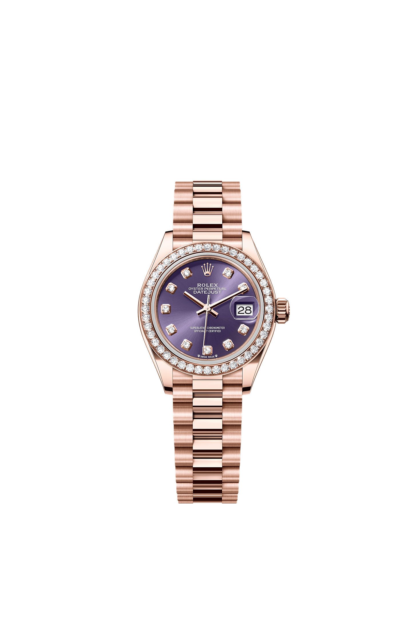 Lady-Datejust Oyster Chronometer Watch 28mm 18ct Everose Gold Aubergine Diamond Dial President Bracelet
