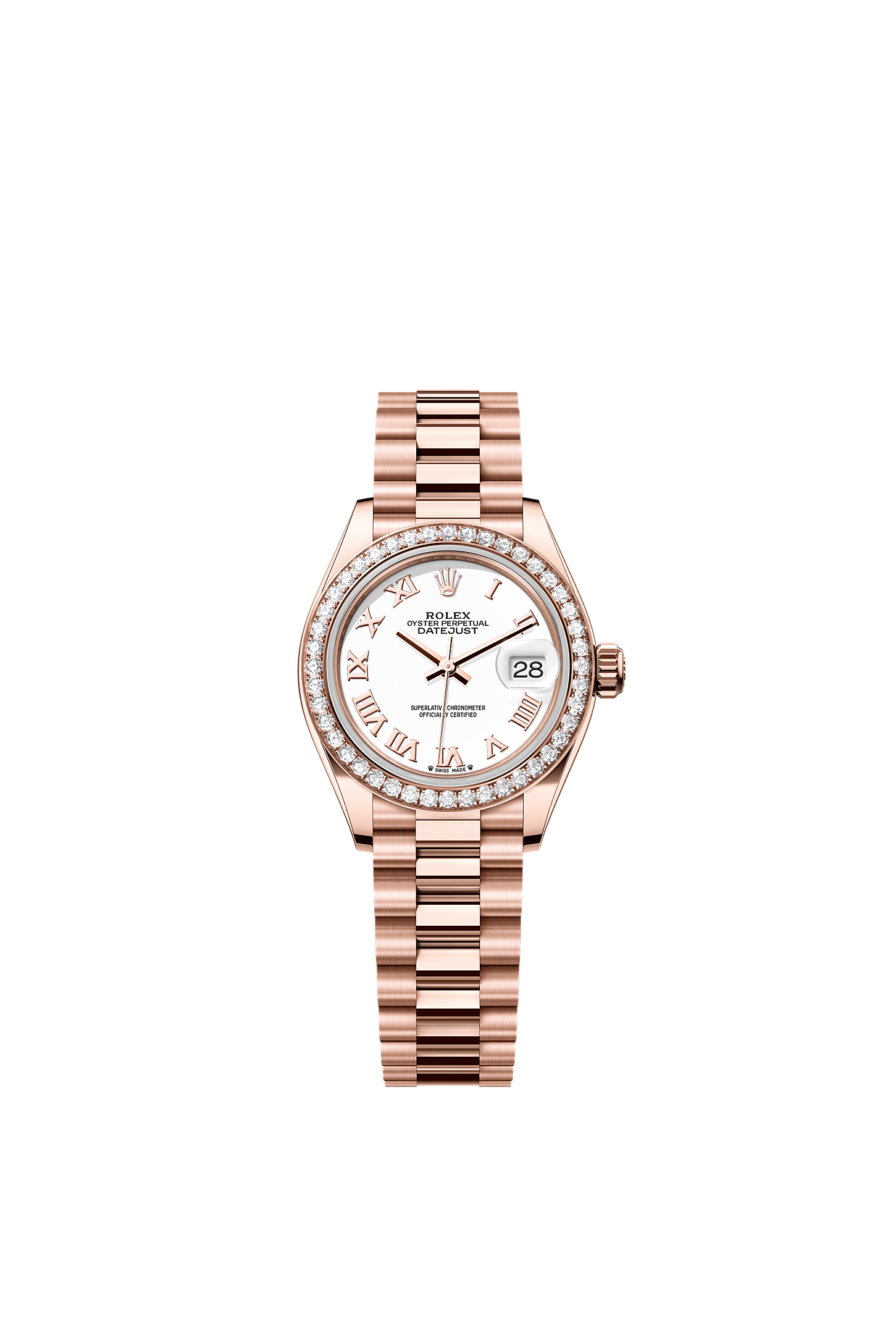 Lady-Datejust Oyster Chronometer Watch 28mm 18ct Everose Gold White Diamond Dial President Bracelet