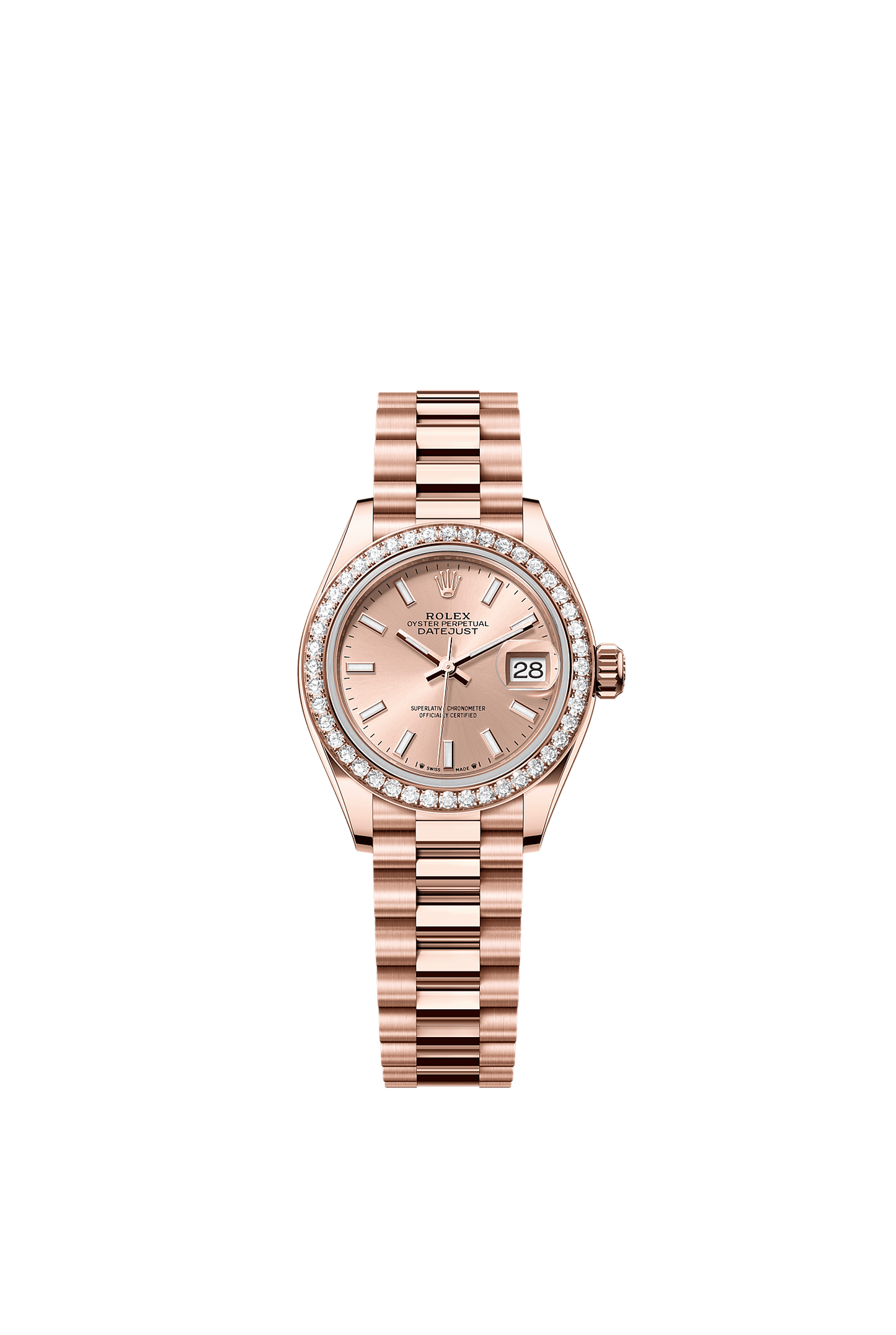 Lady-Datejust Oyster Chronometer Watch 28mm 18ct Everose Gold Rosé Diamond Dial President Bracelet