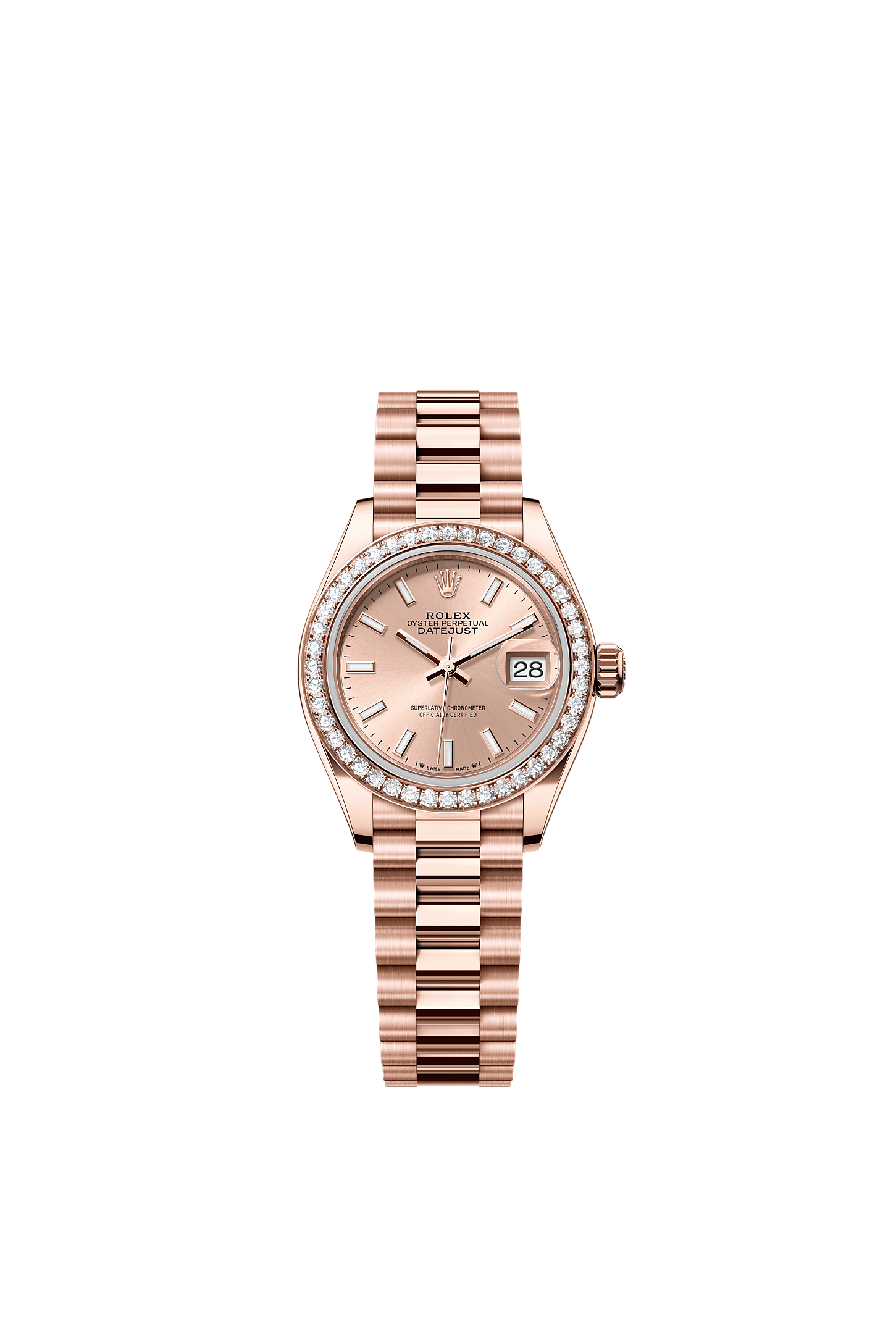 Lady-Datejust Oyster Chronometer Watch 28mm 18ct Everose Gold Rosé Diamond Dial President Bracelet