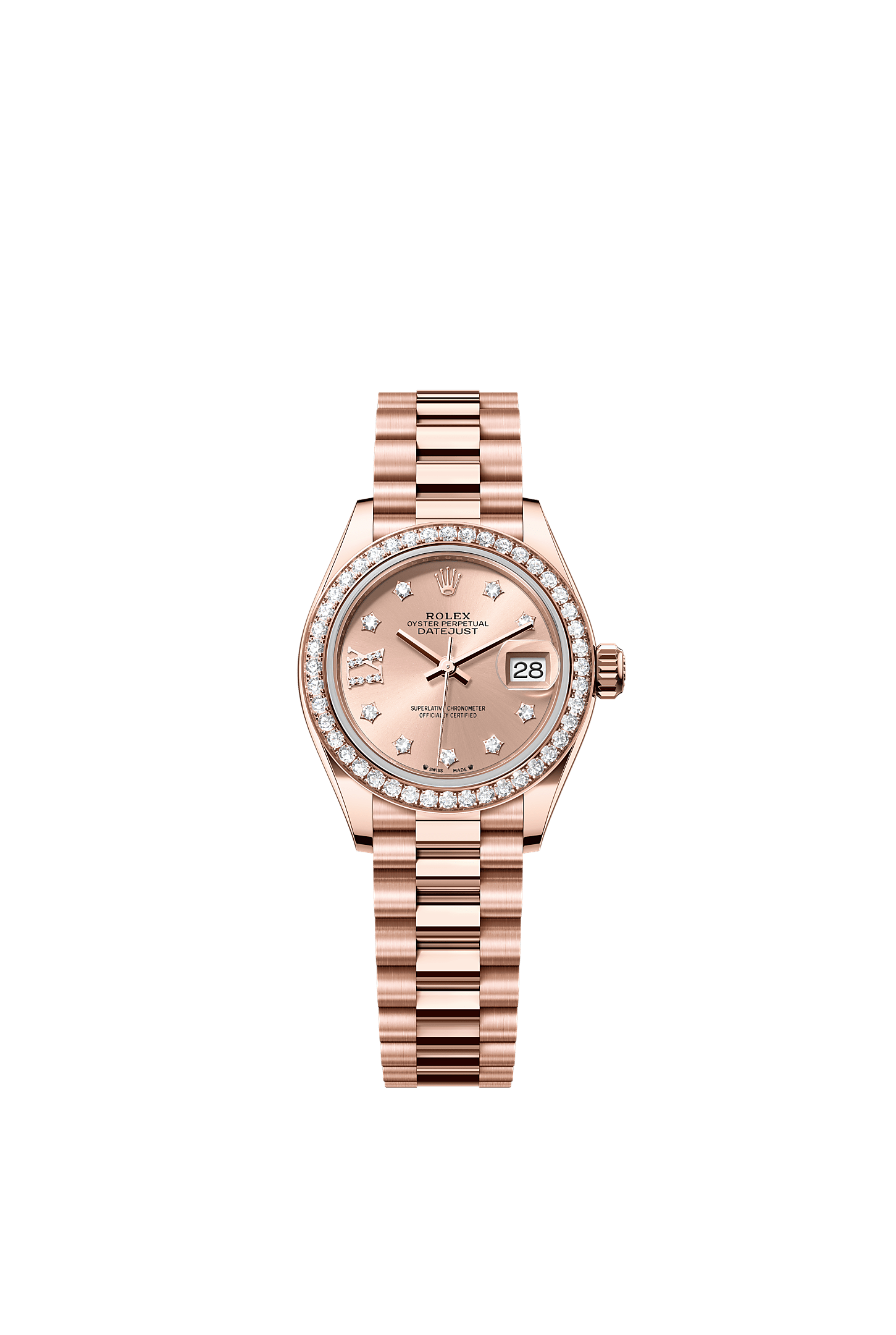 Lady-Datejust Oyster Chronometer Watch 28mm 18ct Everose Gold Rosé Diamond Dial President Bracelet