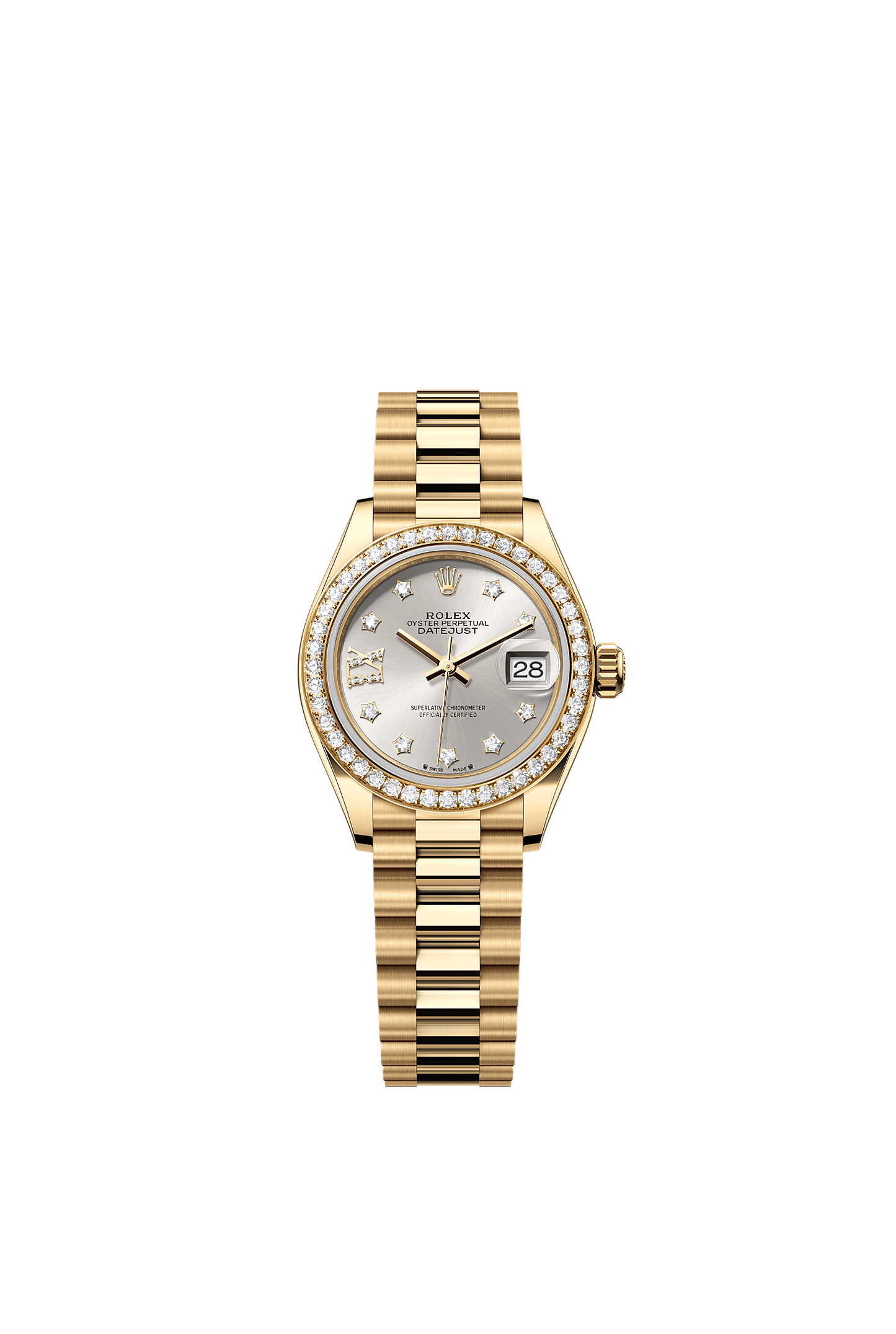 Lady-Datejust Oyster Chronometer Watch 28mm 18ct Yellow Gold Silver Diamond Dial President Bracelet
