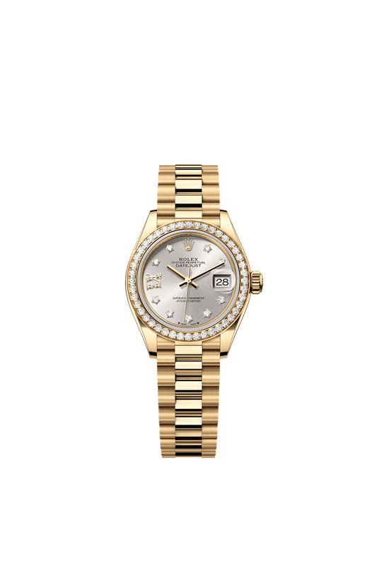 Lady-Datejust Oyster Chronometer Watch 28mm 18ct Yellow Gold Silver Diamond Dial President Bracelet