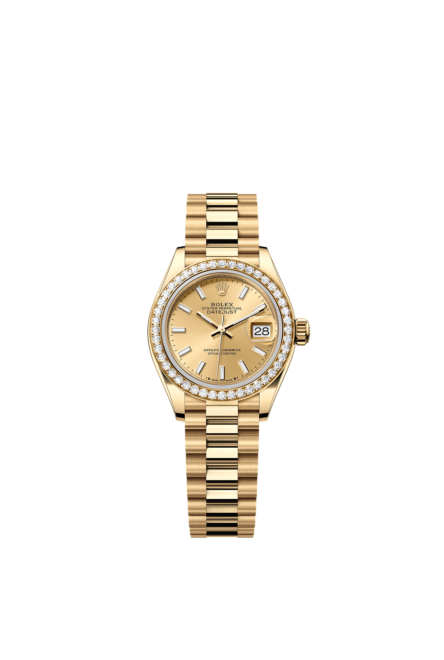 Lady-Datejust Oyster Chronometer Watch 28mm 18ct Yellow Gold Champagne Diamond Dial President Bracelet