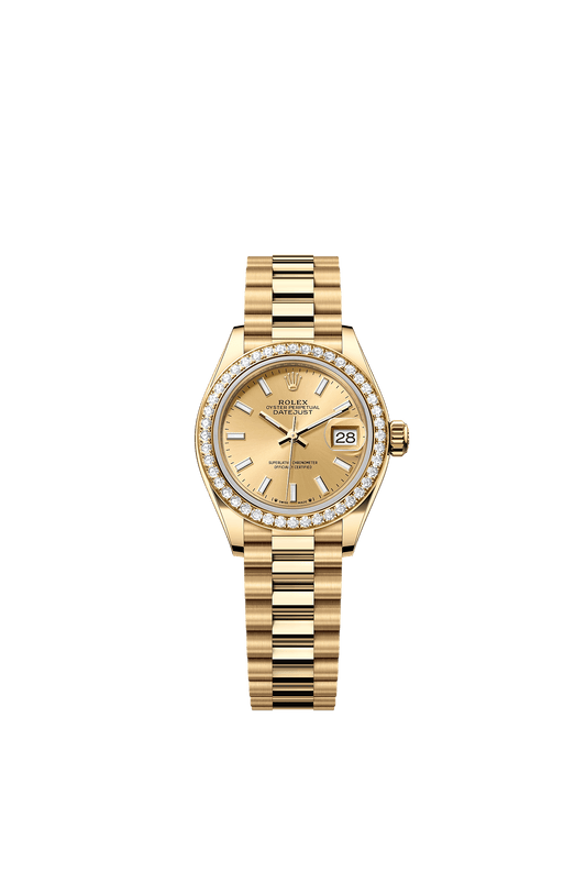 Lady-Datejust Oyster Chronometer Watch 28mm 18ct Yellow Gold Champagne Diamond Dial President Bracelet