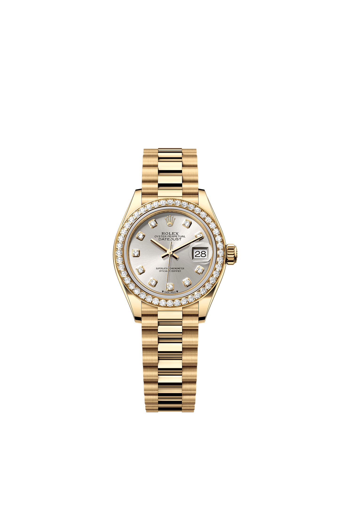 Lady-Datejust Oyster Chronometer Watch 28mm 18ct Yellow Gold Silver Diamond Dial President Bracelet
