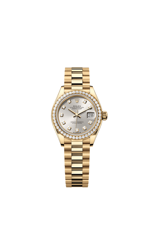 Lady-Datejust Oyster Chronometer Watch 28mm 18ct Yellow Gold Silver Diamond Dial President Bracelet