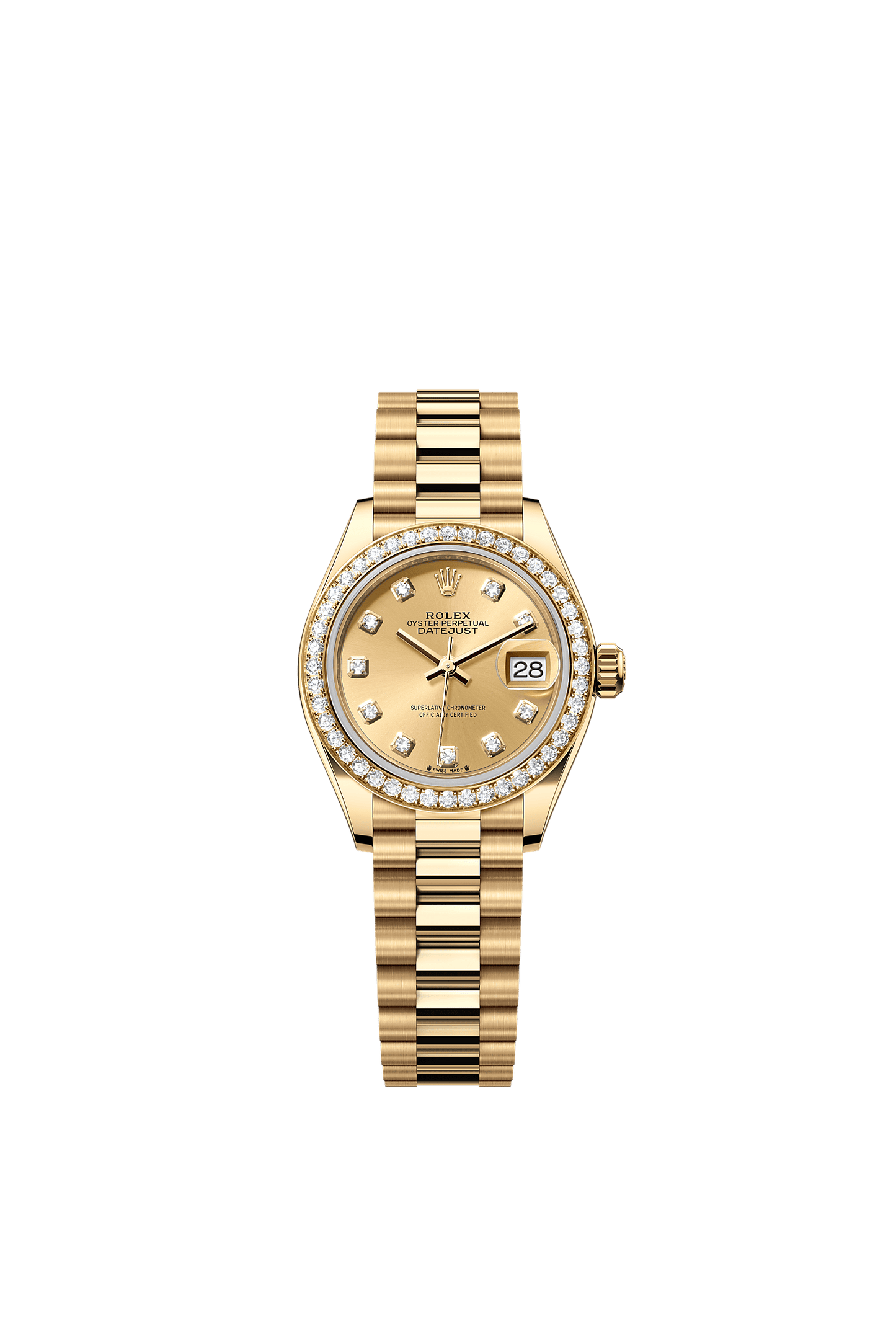 Lady-Datejust Oyster Chronometer Watch 28mm 18ct Yellow Gold Champagne Diamond Dial President Bracelet