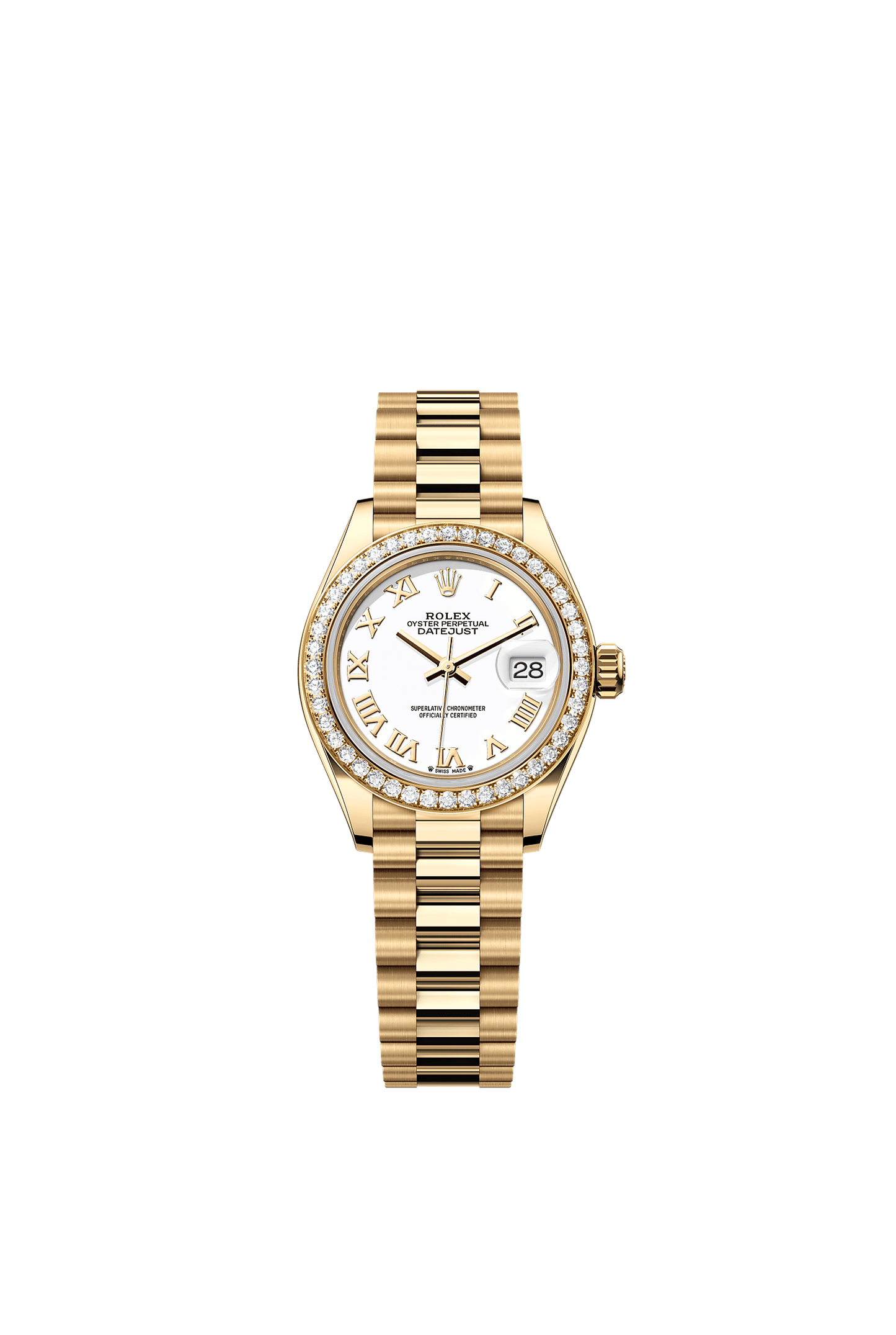 Lady-Datejust Oyster Chronometer Watch 28mm 18ct Yellow Gold White Diamond Dial President Bracelet