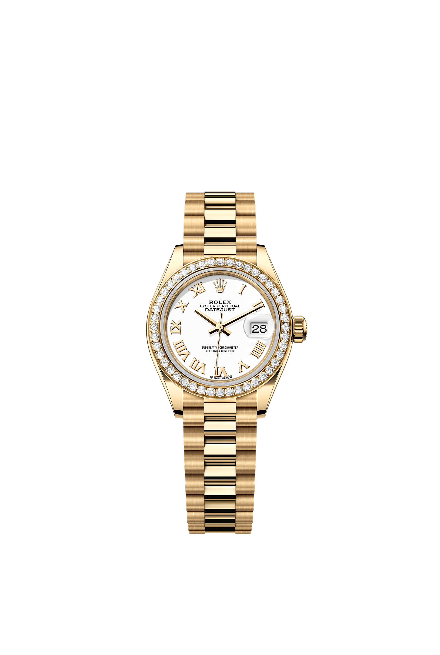 Lady-Datejust Oyster Chronometer Watch 28mm 18ct Yellow Gold White Diamond Dial President Bracelet