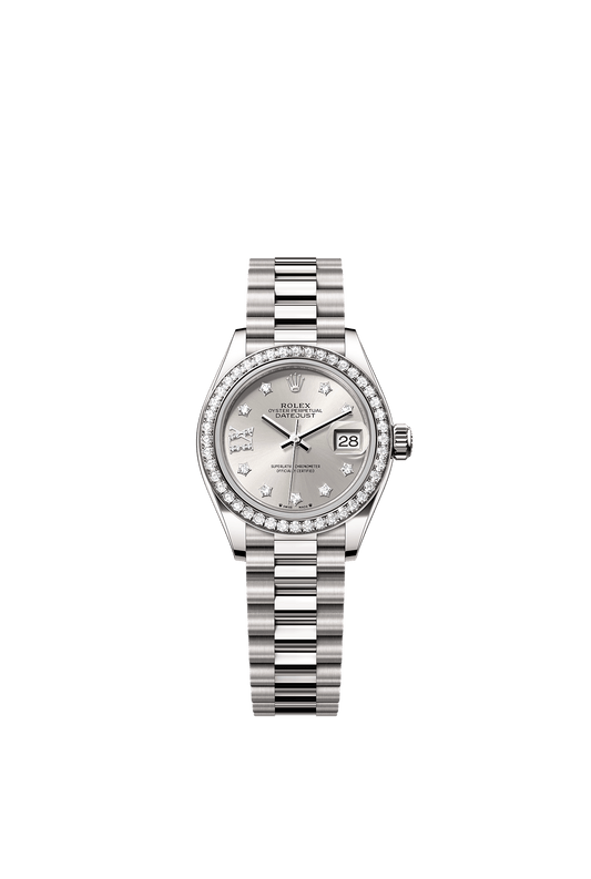 Lady-Datejust Oyster Chronometer Watch 28mm 18ct White Gold Silver Diamond Dial President Bracelet